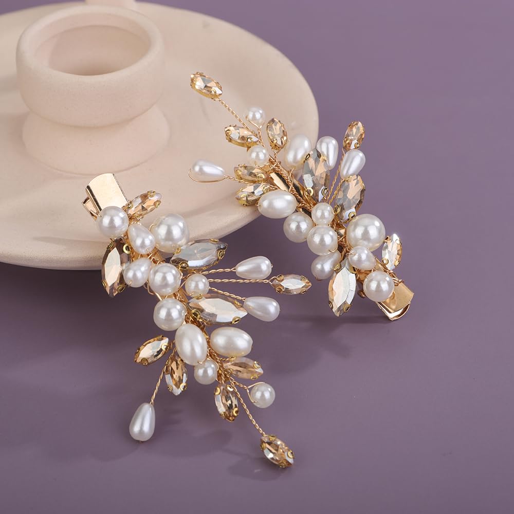 Teyglen 2 pinzas para el pelo de boda con perlas de cristal champán, pasadores para el pelo con diamantes de imitación, horquillas decorativas para el cabello, accesorios de joyería para el cabello