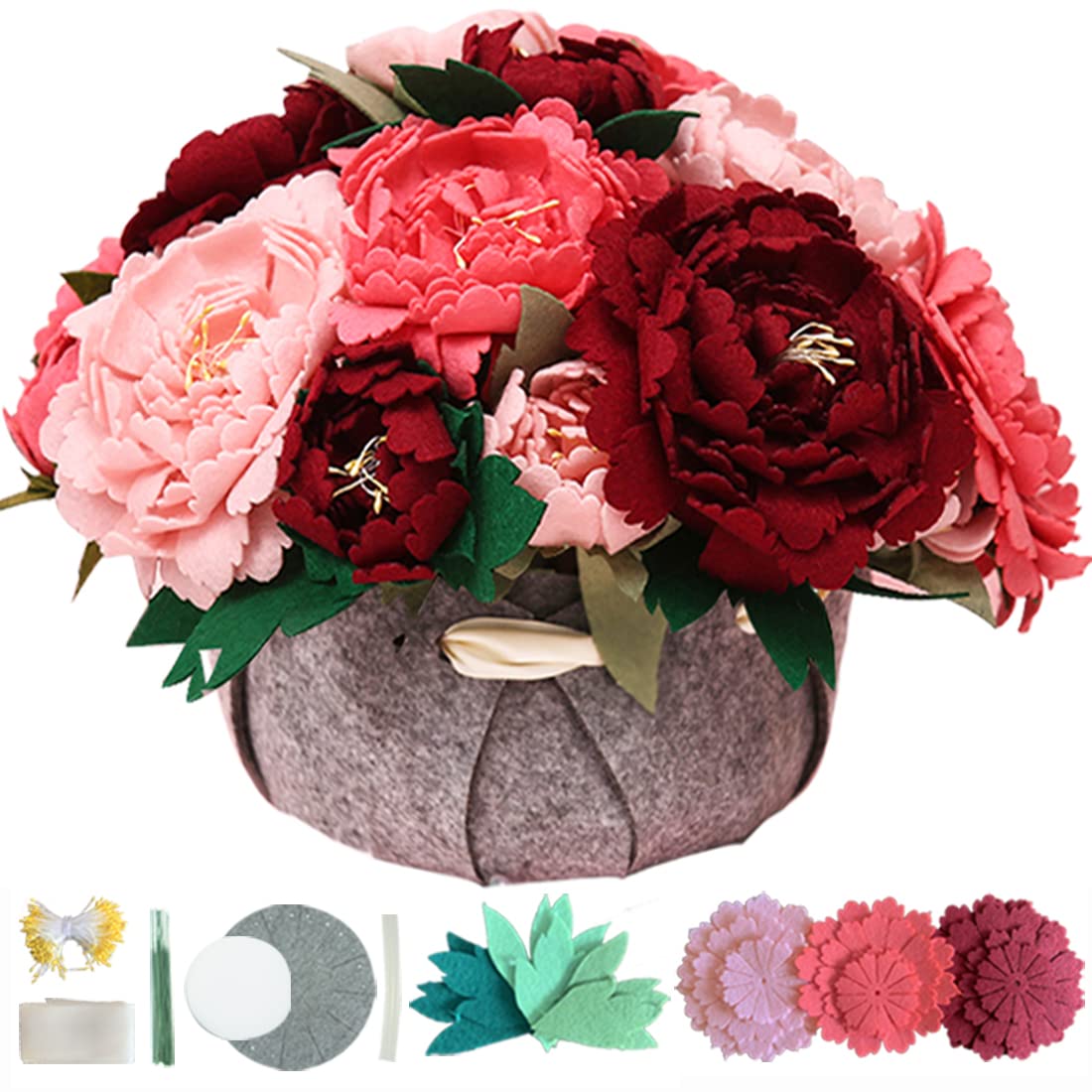 BAZIMA DIY Felt Flower Art Craft Kit, DIY Peony Pot Bonsai Kit,18 Peonies,Floral Gifts,Beginner Craft Kit,Arrange Pre-Cut Felt Flowers and Foliage