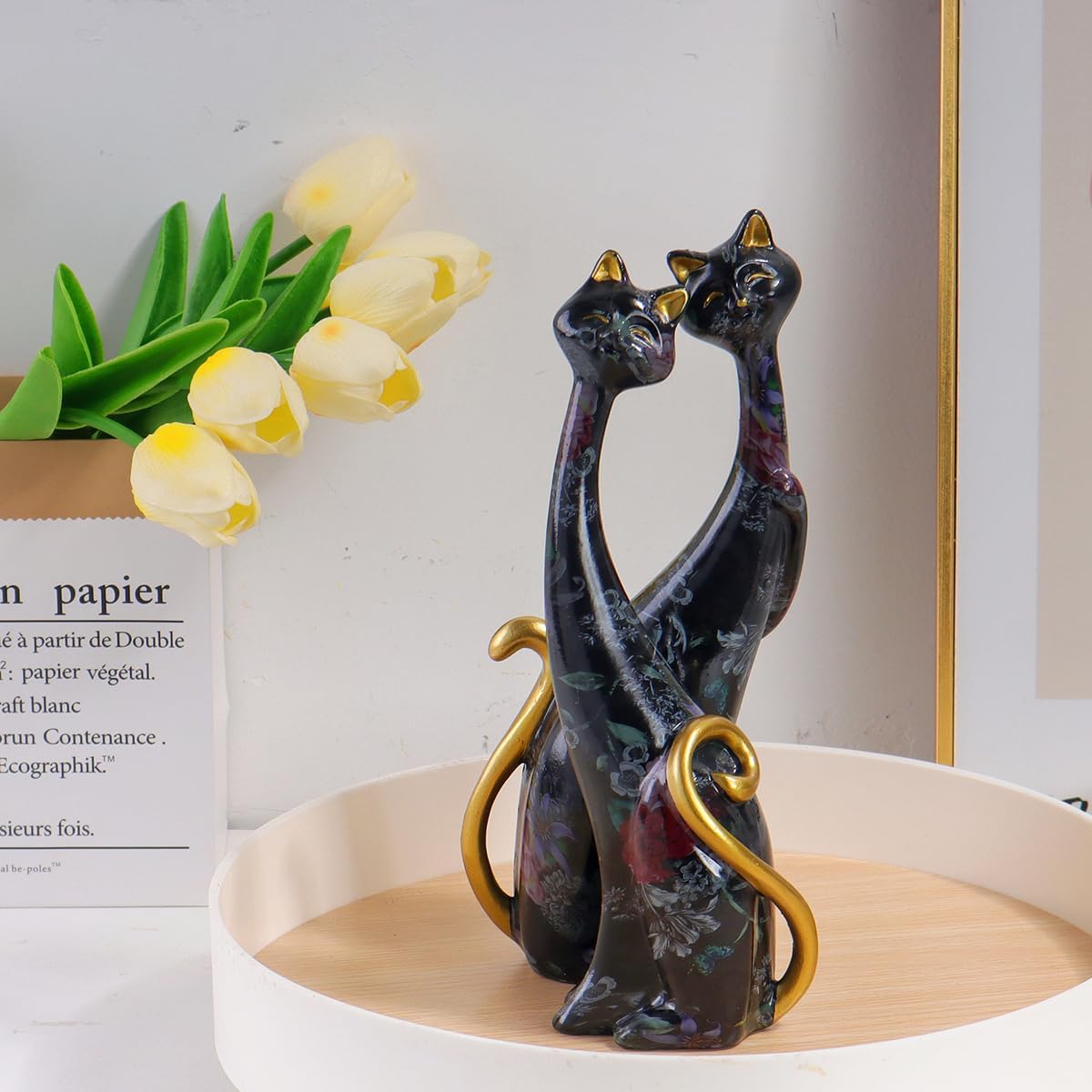 masteymoh 2 Cat Statue,Creative Peony Flower Cat Figurine Resin Home Decor Splash Color Animal Sculpture Kitten Figurine Modern Home Office Desktop Decoration (Ink Wash KY148)