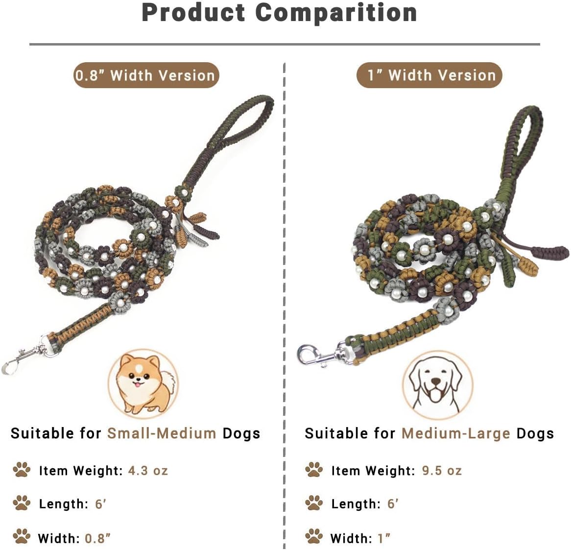 Cute Handmade 6 FT Paracord Dog Leash – Unique Hand-Braided Durable Multi-Color Flower Design Pet Accessory for Medium Large Dogs Brown Tone Multi-Color