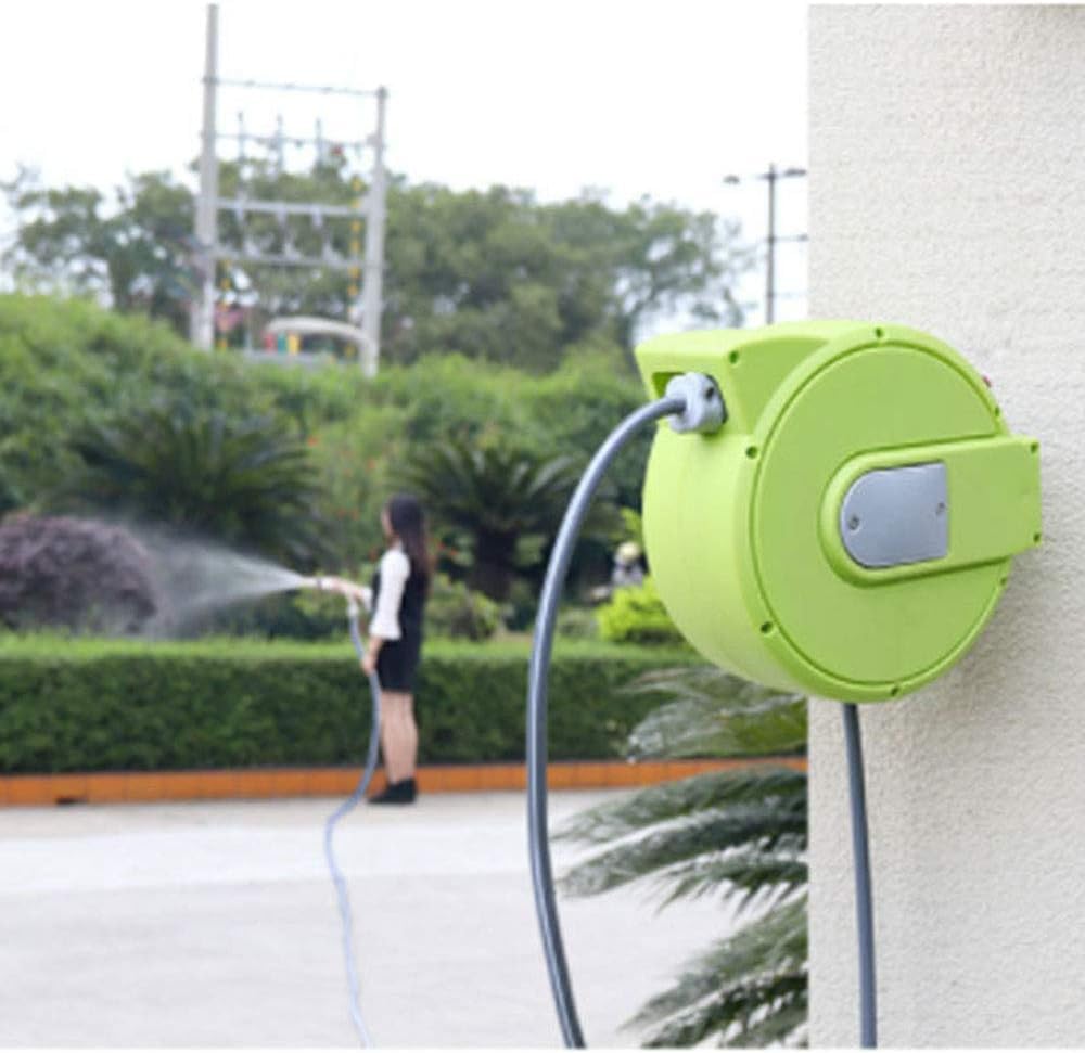Carrete de manguera de montaje en pared, almacenamiento de agua retráctil de rebobinado automático con pistola de pulverización para lavado de automóviles y jardinería, soporte y estante duraderos