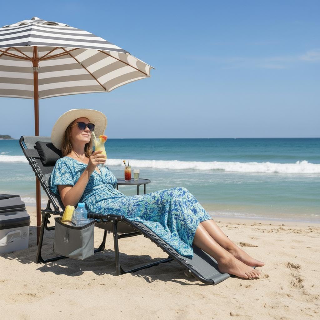 Outdoor Chaise Lounge Chair, Foldable Tanning Chair with 5-Level Adjustable Backrest, Portable Sun Lounger with Carry Handle, Side Pocket & Removable Pillow for Beach, Pool, Patio, Camping, Gray