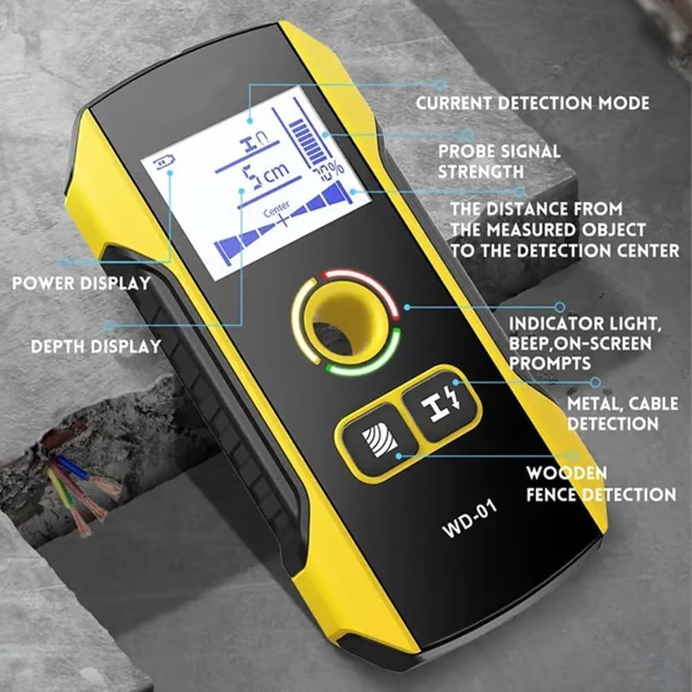 Detector de vigas de precisión con escáner de pared para cables metálicos, tuberías y vigas con pantalla LCD, orificio de posicionamiento de 120 mm, resistente a los golpes y recargable