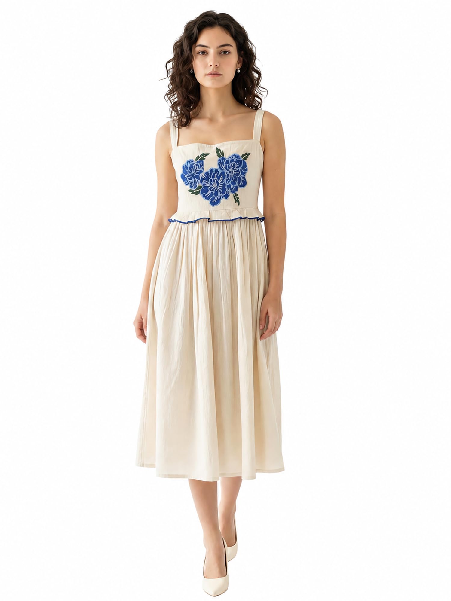 Women's Fit & Flared Midi Sleeveless Square Solid Dress-image-10