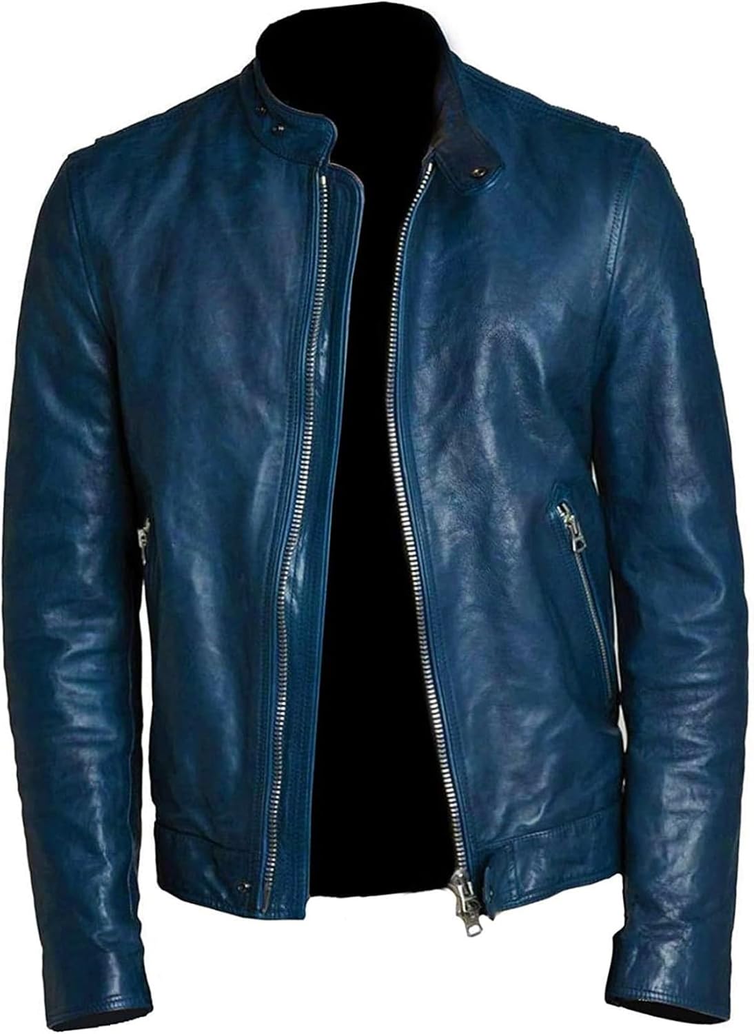 Men's Blue Leather Jacket Soft Lambskin Motorcycle Cafe Racer Jacket