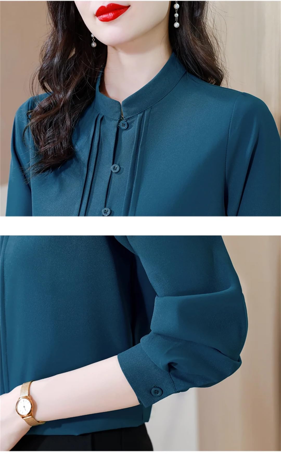 Camicette da donna in seta tinta unita a maniche lunghe con colletto alla coreana camicette da ufficio eleganti top