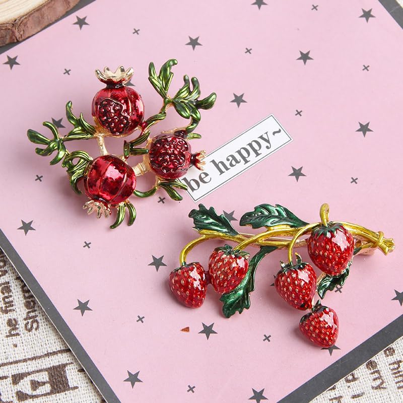 Opexicos 2Pcs Red Enamel Strawberry Brooches and Cute Red Pomegranate Brooch Autumn Fruit Pin Enamel Brooches - Image 2