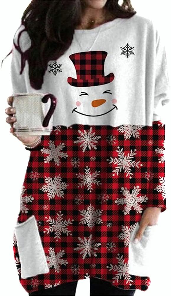 Women Christmas Shirt Xmas Tree Truck Crewneck Sweatshirt Plaid T-Shirt Dress Long Sleeve Blouse Pullover Tops