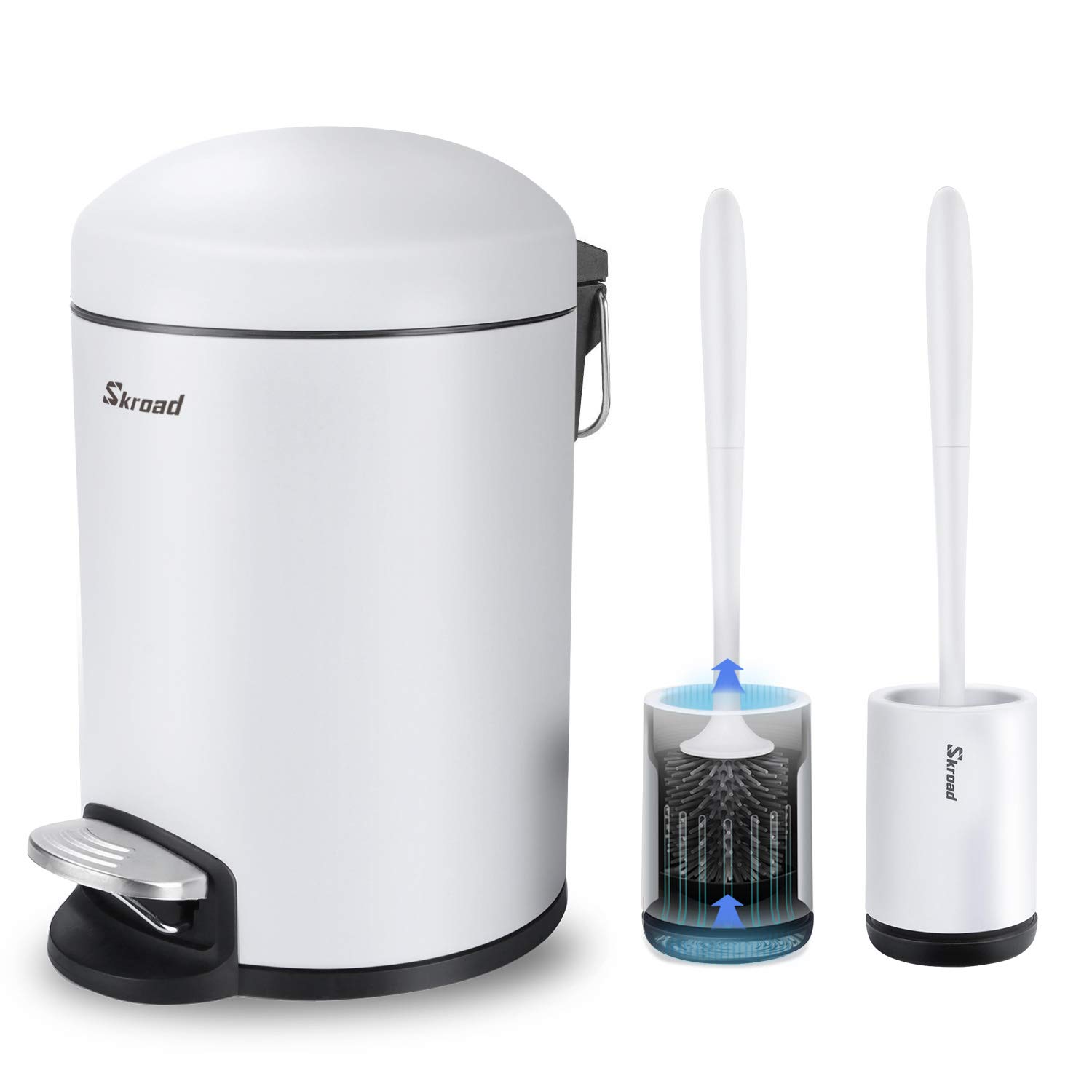 Skroad 5L Pedal Bathroom Bin with Toilet Brush Set, White Trash Can with No Noise, Easy to Clean and Replace Bag