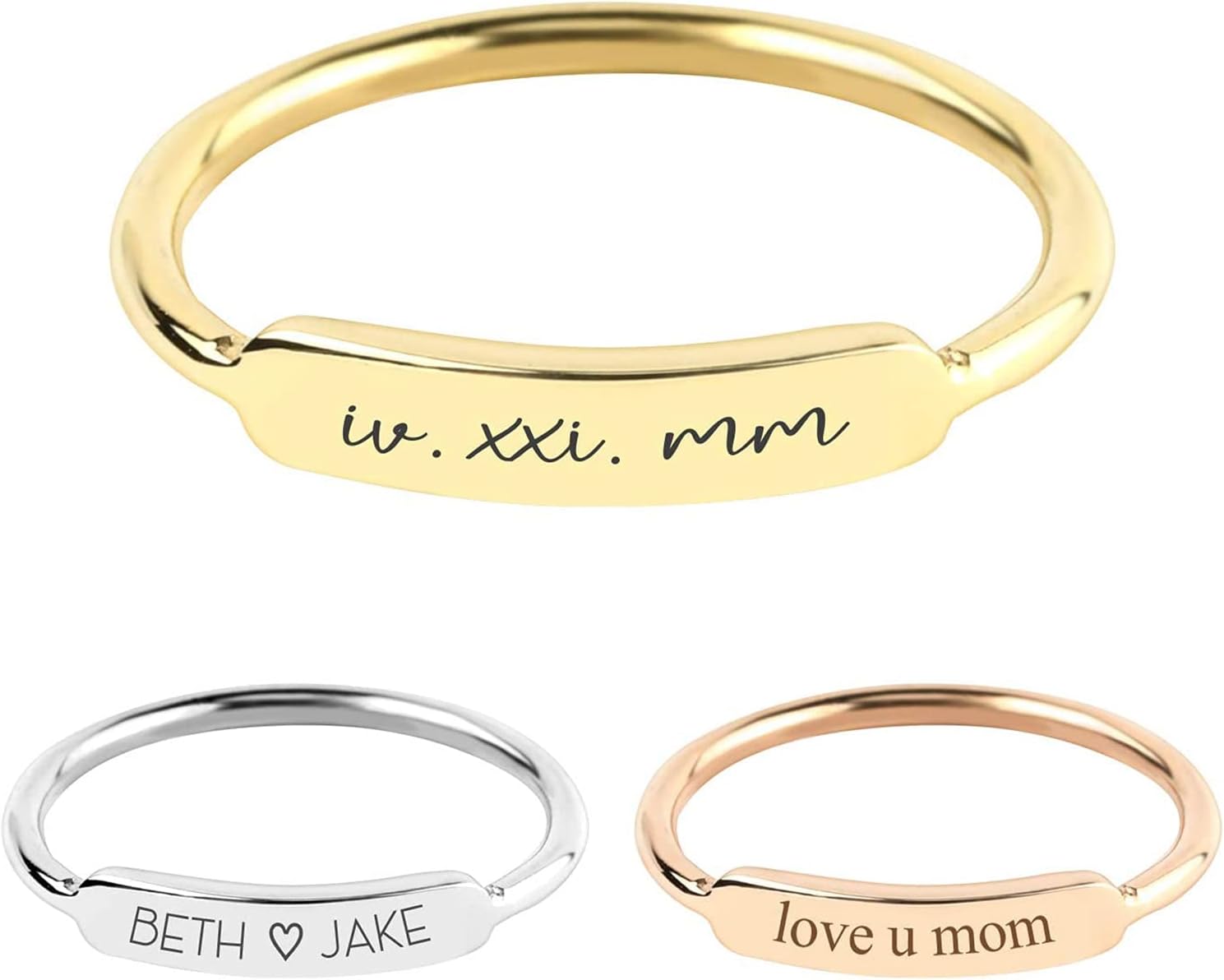 MignonandMignon Personalized Stackable Name Ring for Mom Grandma - Custom Engraved Dainty Bar Ring Gold Silver Rose Gold