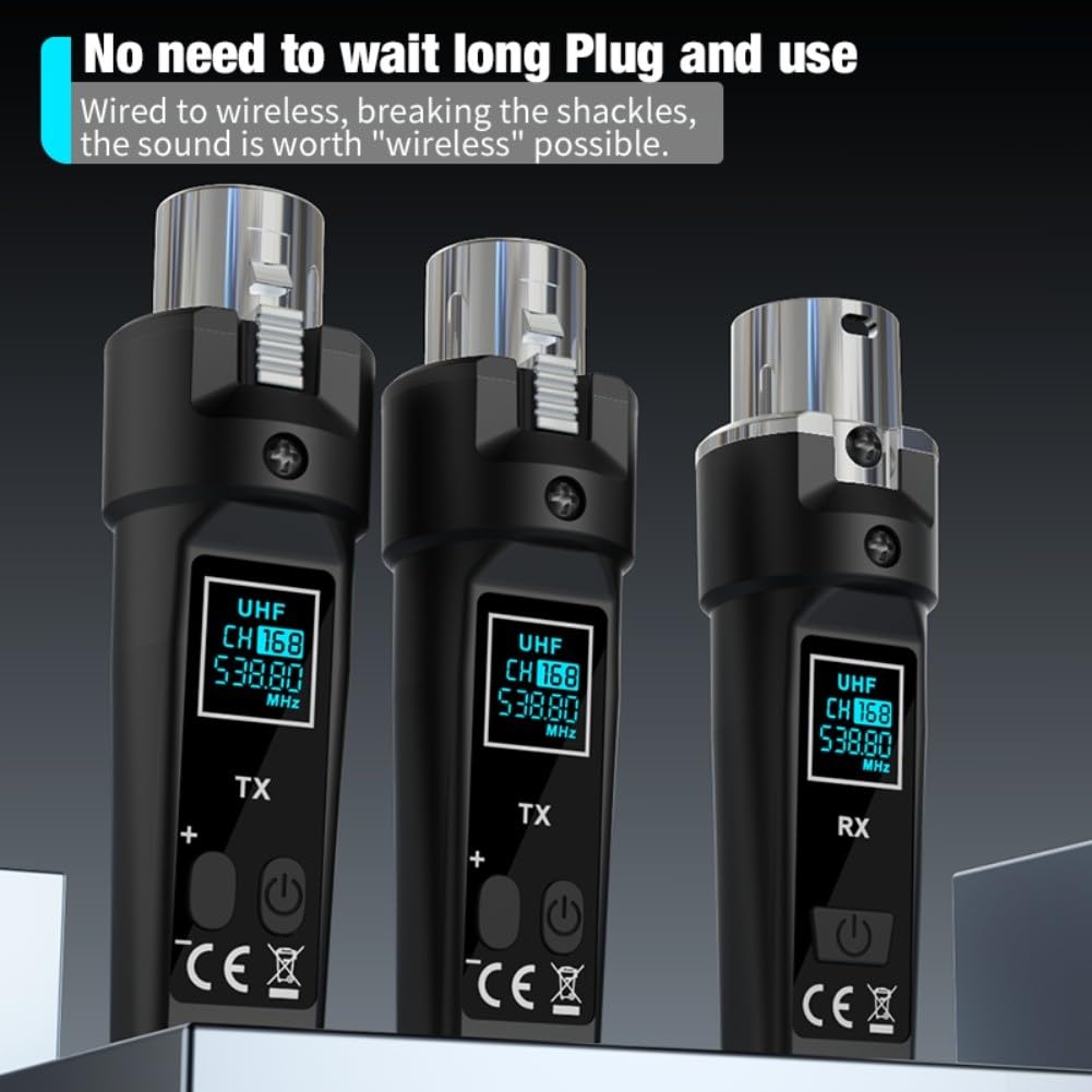 Trasmettitore e ricevitore UHF XLR wireless, microfono wireless plug-on 2.4G con portata di 30-50 m per microfoni dinamici, chitarre elettriche e mixer audio (uno a uno)