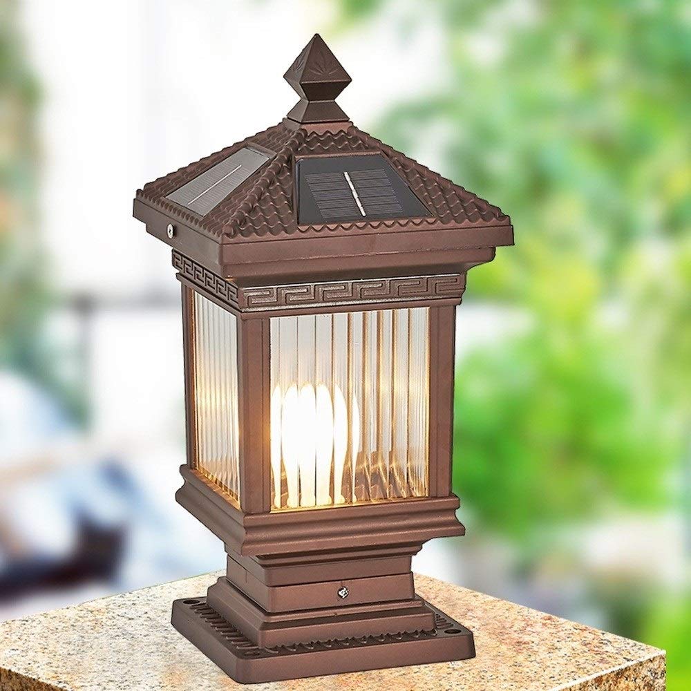 Solar-Pfosten für den Außenbereich, wasserdicht, aus Aluminium, Zündung E27, Retro, Villa, Terrasse, Außenbereich, Säule, Laternen, Lampe, klassisch, Braun, Gemeinschaft, Terrasse, Landschaft