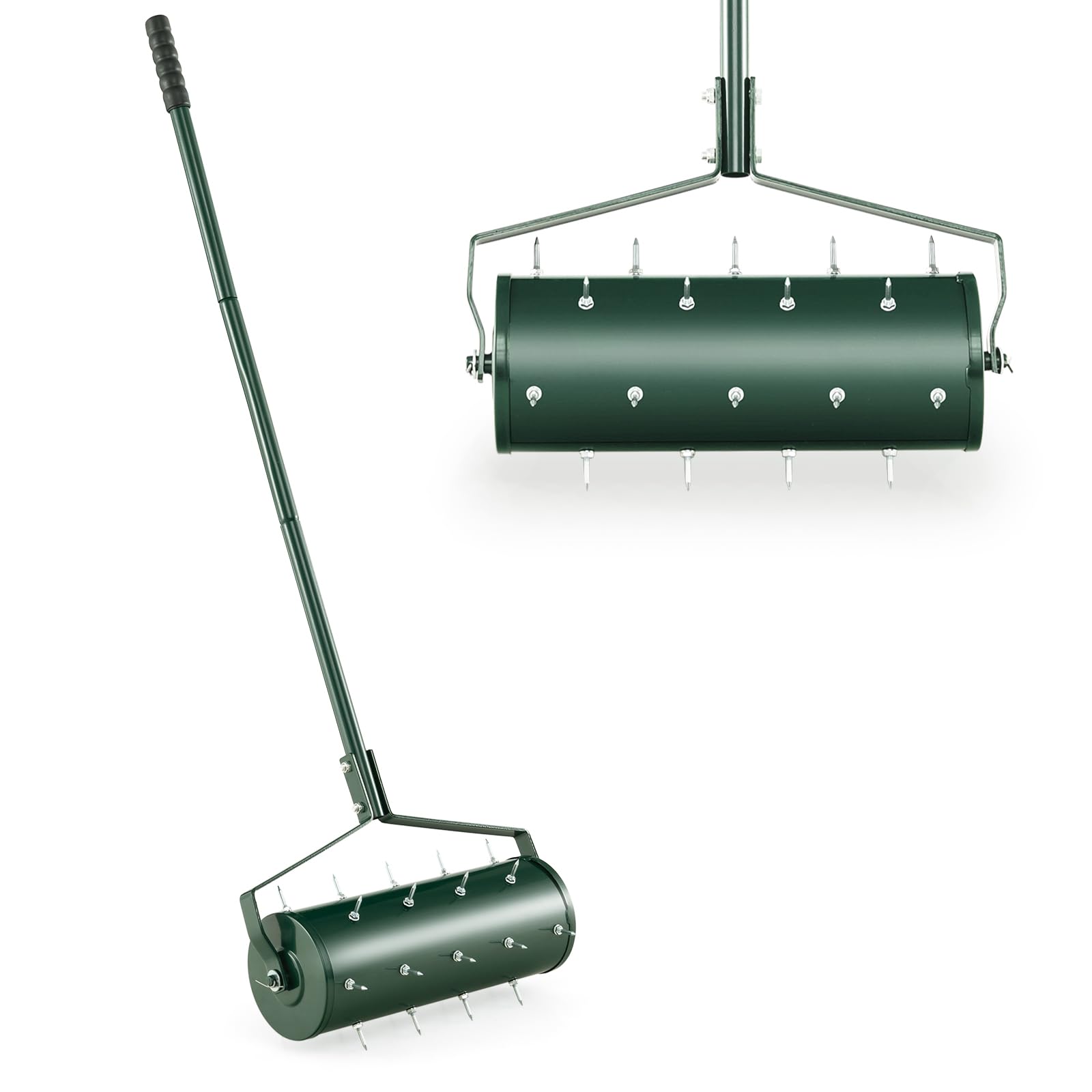 Aireador manual de césped, rodillo de césped resistente, 43/53 cm con tambor relleno de arena y mango desmontable de 130 cm, herramienta de estacas de jardín para tierra y césped