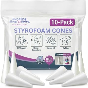 Styrofoam Cones for Crafts, 10 Pack- 5.9 Inch Foam Cones with, Lightweight Polystyrene for DIY Projects, Holiday Decorations & School Art
