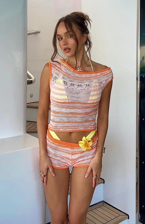 NIFTRIRY 2 Piece Sets for Women Sleeveless Striped Crochet Beach Cover Up and Shorts Summer Beach Vacation Clothes4