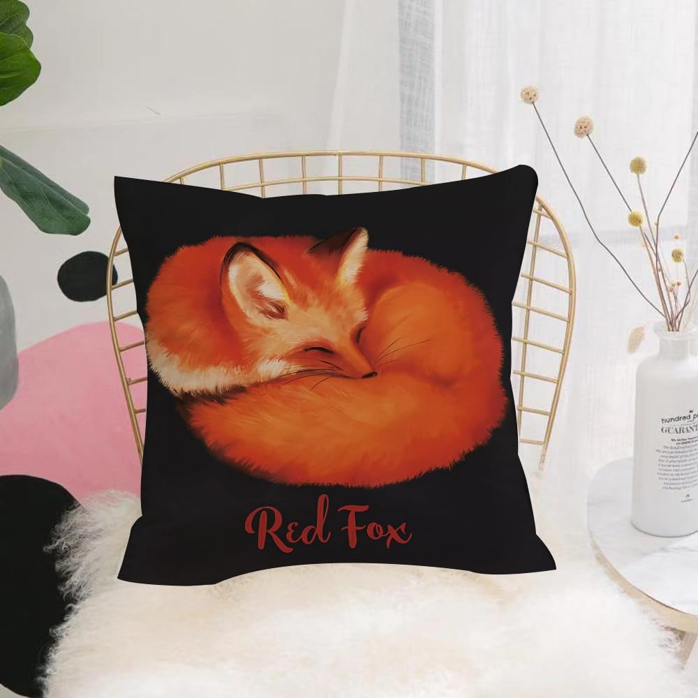 HYMSXW Cushion Cover,Throw Pillow Case Home Decorative for Living Room Bedroom Sofa Chair 20X20 Inch,Fox, red fox sleeping in a ball, black background,Pillowcase 50X50cm