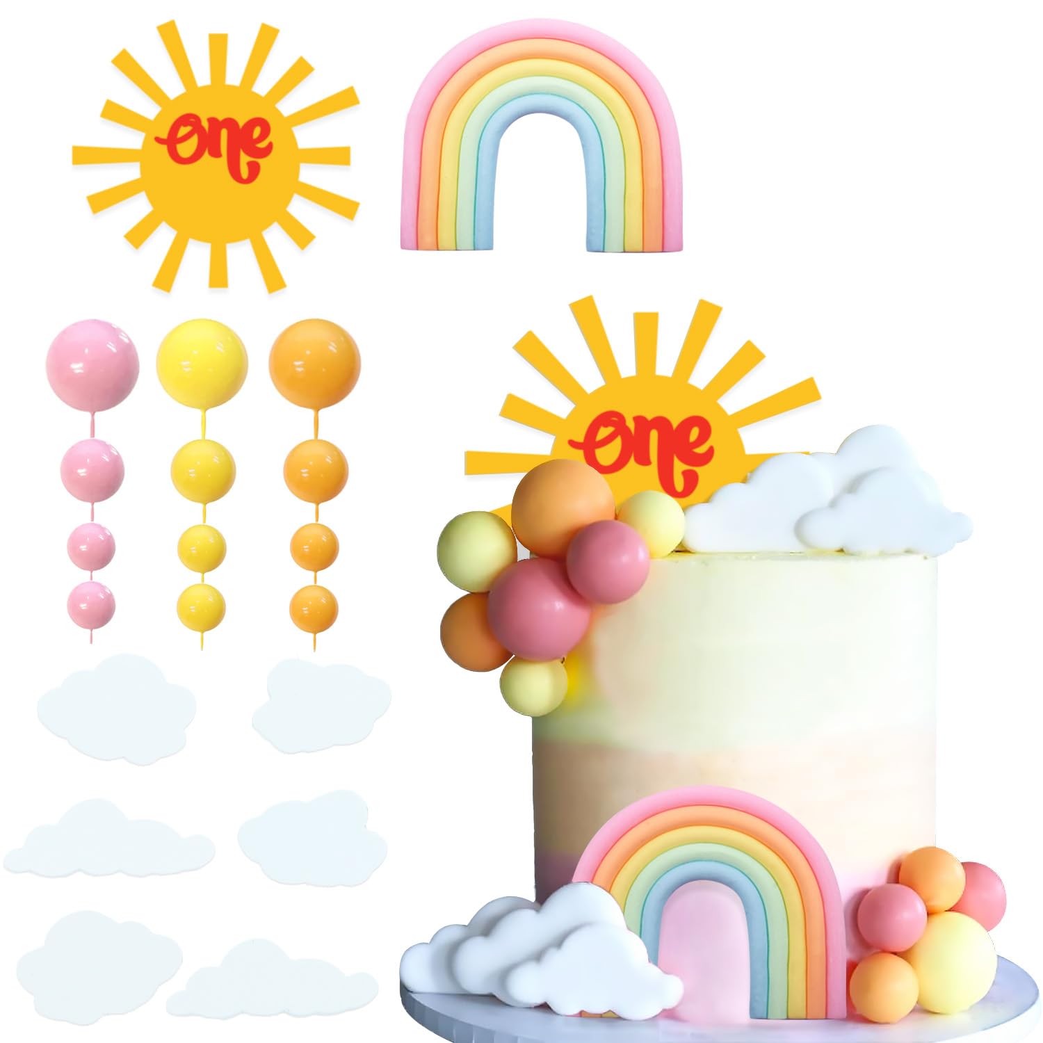 20PCS Rainbow Cake Toppers Sunshine One Cake Decorations with Rainbow Acrylic Sun Clouds Orange Yellow Pink Balls for Sunshine One Themed Party Party