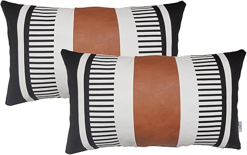 Miniatura 9 de Fundas de almohada lumbar a rayas bohemias de 12 x 20 pulgadas, funda de almohada de cuero moderna para sofá, decoración del hogar rural, color