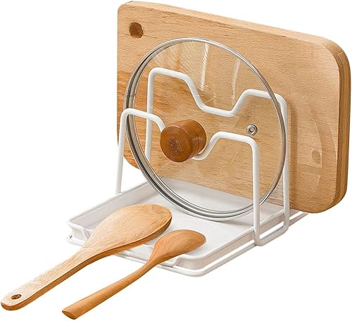 Poeland Soporte para tapa de maceta organizador multifuncional de tapa de 2 capas y estante de descanso de cuchara con bandeja de goteo para tapas