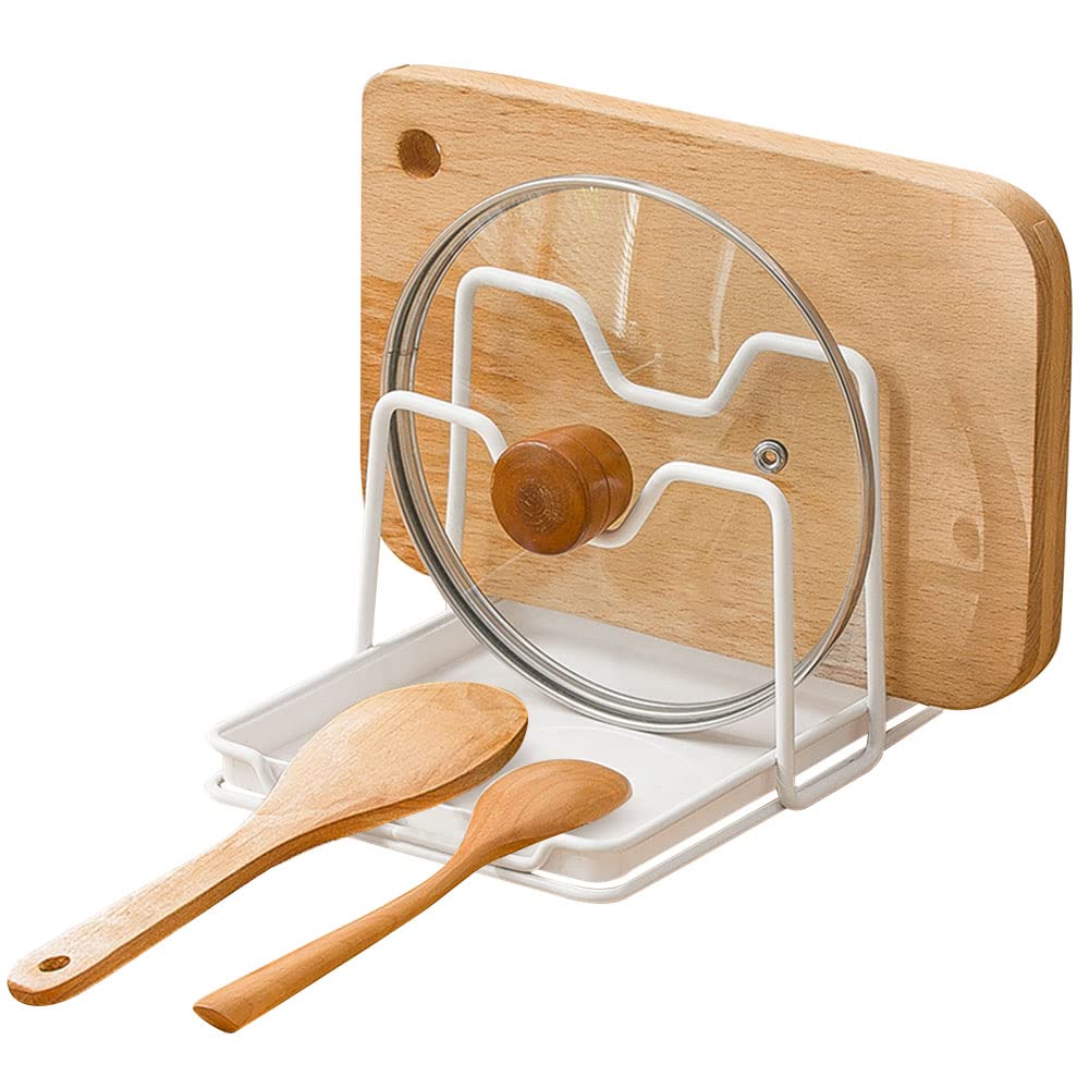 Poeland Pot Lid Holder, 2 Layers Pot Lids Organizer Multifunctional Lid and Spoon Rest Rack with Drip Tray for Lids, Spatulas, Spoons, Cutting Boards