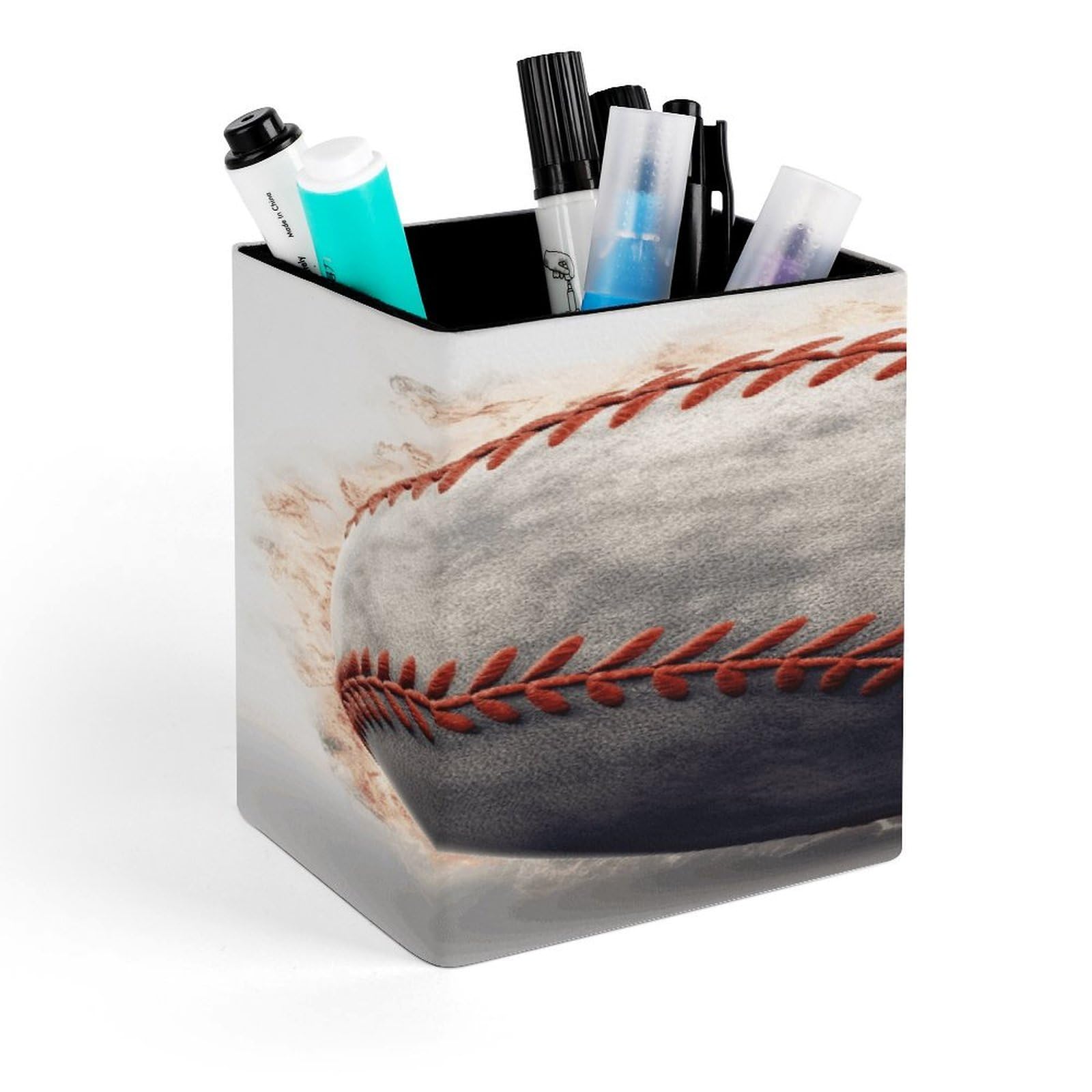 LZQPOEAS Baseball Square Pen Pencil Holder PU Leather Pencil Cup Desktop Stationery Organizer Office Accessories Container