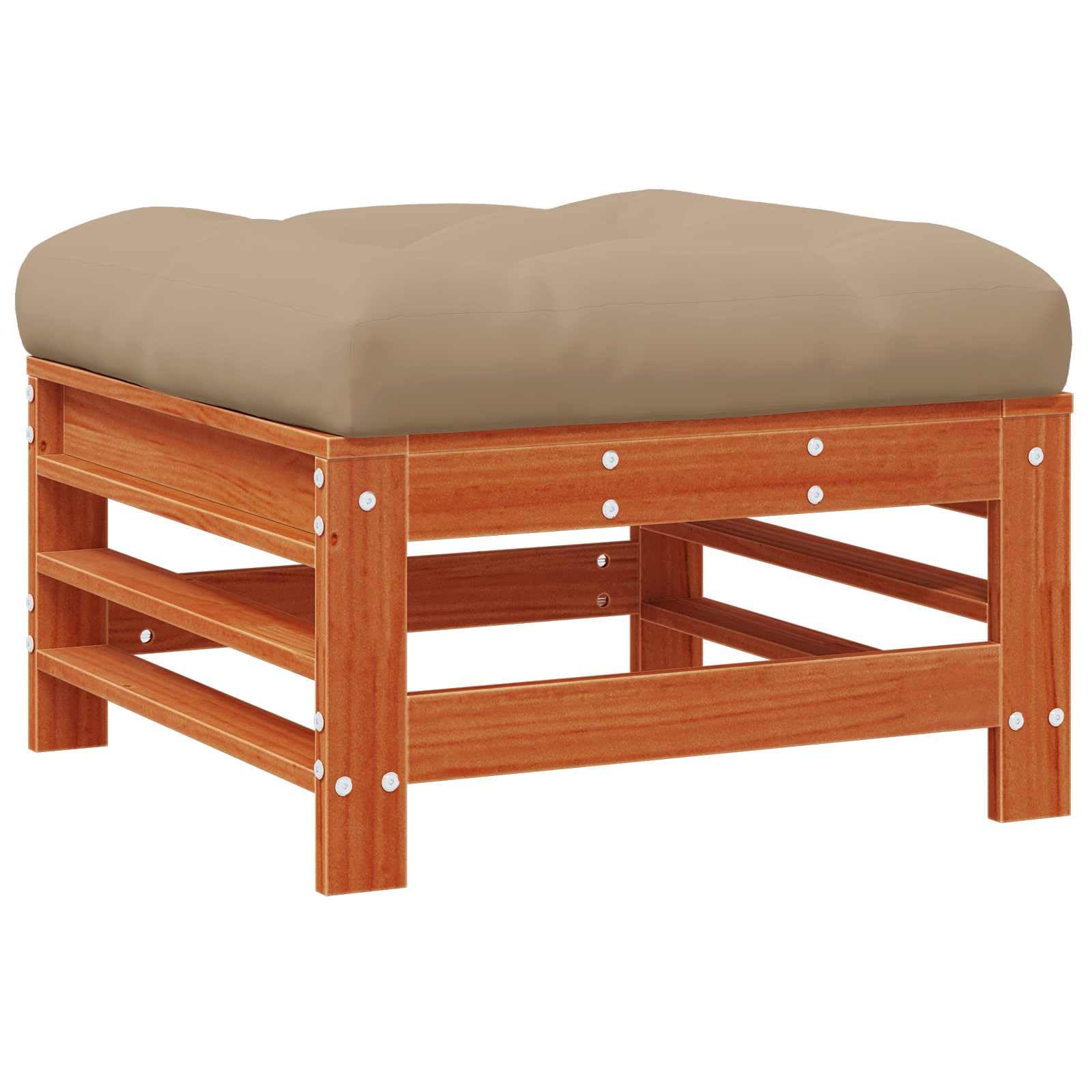 Reposapiés de jardín de madera maciza de pino con efecto cera, taburete modular para exteriores para jardín y patio, incluye cojín de asiento en color topo, 57,5 x 57,5 x 30 cm