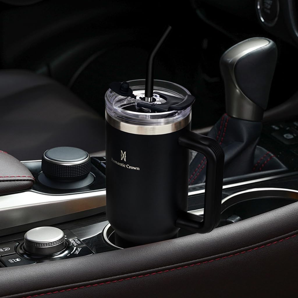 Romantic Crown Copo Térmico com Canudo Tampa e Alça 1,18L, Cops Garrafas Termico para viagem vácuo dupla camada aço inoxidável, Caneca Termica Cafe Água Chá,Presente, Fitness (Preto)