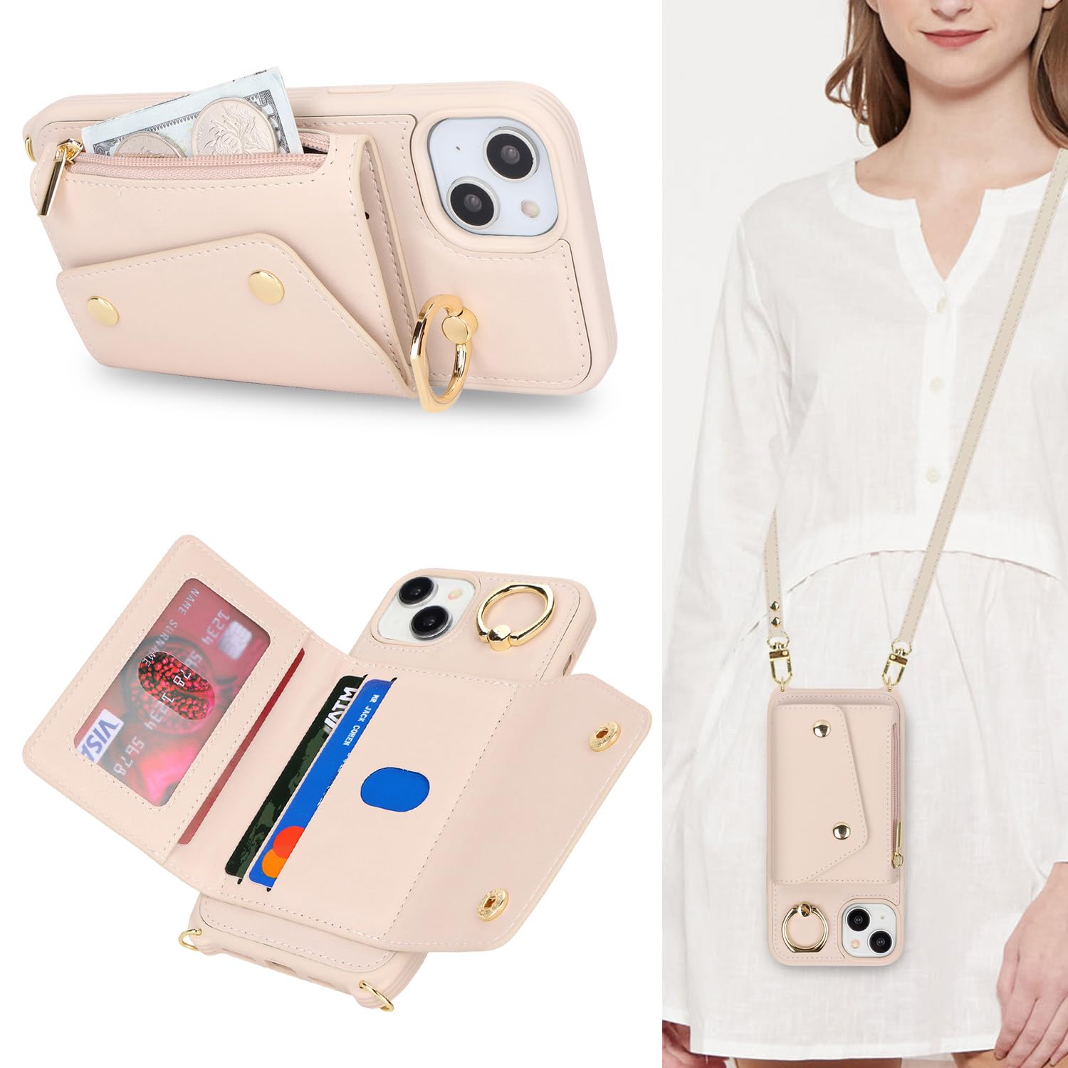 Lipvina for iPhone 14 Plus Case with Card Holder and Strap - Zipper Pocket,Crossbody Lanyard Strap,Credit Card Holder,Stand Ring,Cute Phone Wallet