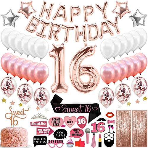 Sweet 16 Birthday Decorations With Photo Booth Backdrop and Props Rose Gold Sweet 16 Decorations Sweet 16th Birthday Party Supplies Happy Birthday Banner Confetti and Mylar Balloons Sweet Sixteen 16