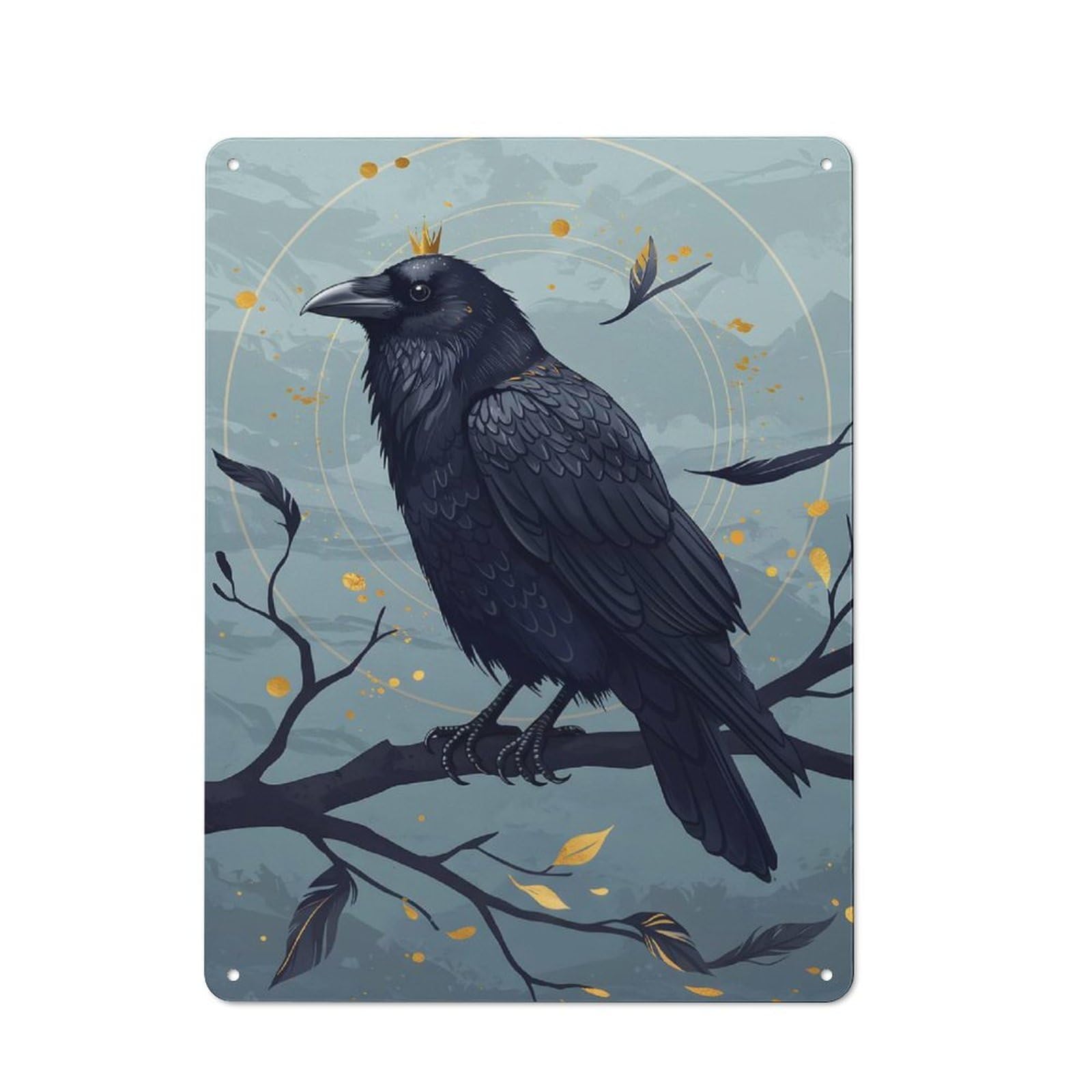 Tin Wall Plaque 40x30cm with Crowned Raven on Branch Digital Art for Café Or Home Bar, New-space Wall Decor for Hospitality Decor Collectors