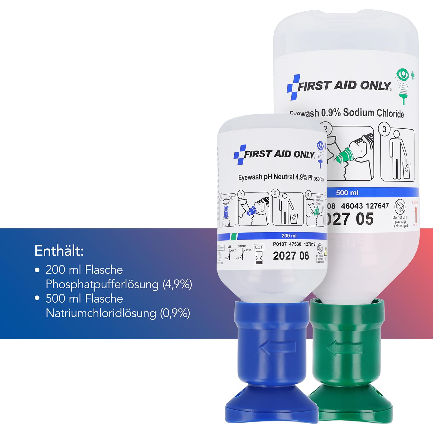 First Aid Only Augenspülstation in Wandbox inkl. Augenspüllösungen | Staubdichte Augen-Notfallstation mit Augenduschen 500ml Kochsalzlösung (0,9%) & 200ml Phosphatpufferlösung (4,9%) | P-44010 00