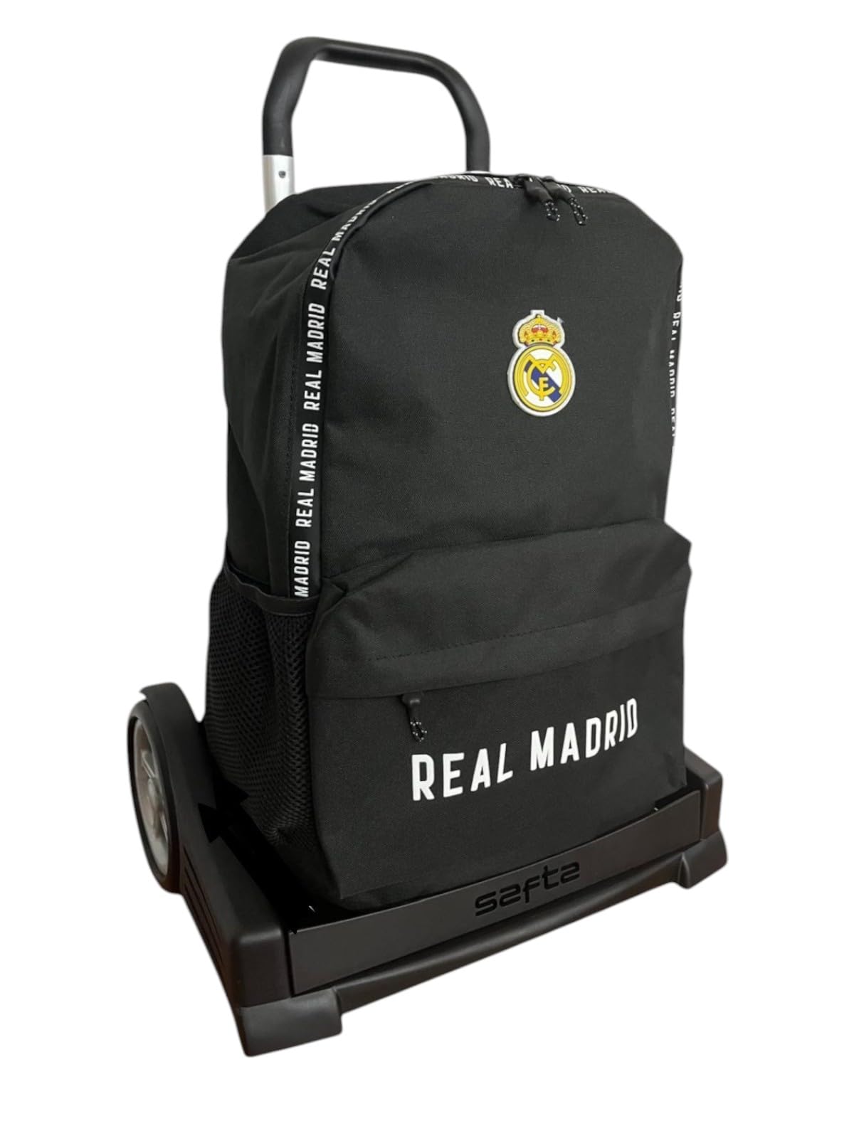 Real Madrid Mochila con Carro, Mochila Escolar Negra con Ruedas, Logotipo Oficial del Club