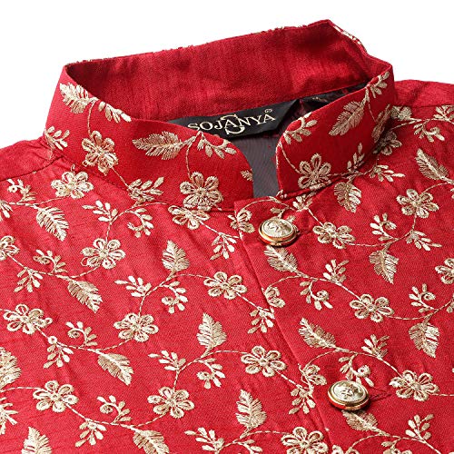 Image of SOJANYA (Since 1958 Men's Cotton Linen Maroon Kurta and White Pyjama with Mustard Cotton Nehru Jacket
