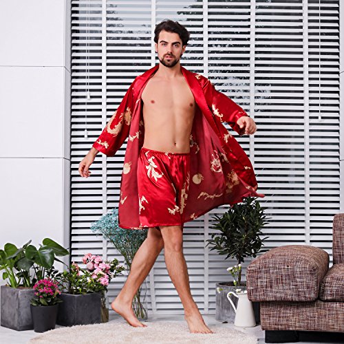Bridalaffair Mens Satin Robe Silk Long Sleeve House Kimono Bathrobe Sleepwear Loungewear Red, Medium/Large #TOP3