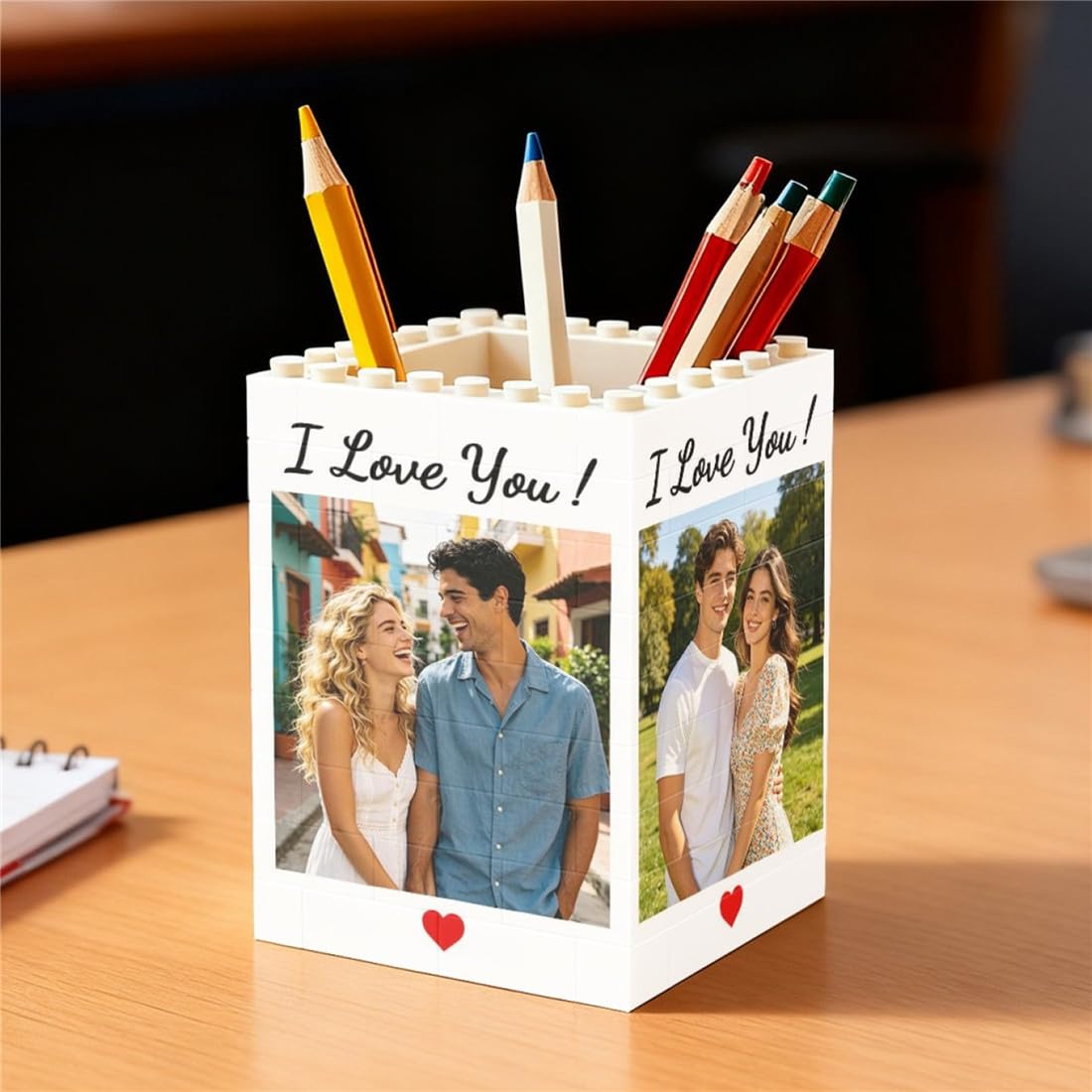 BFHEFGSUU Personalised Photo Brick Pencil Pot Funny Building Block Pen Holder Desktop Decor Gift Dad Couple Family Father's Day Birthday Xmas (S 01)
