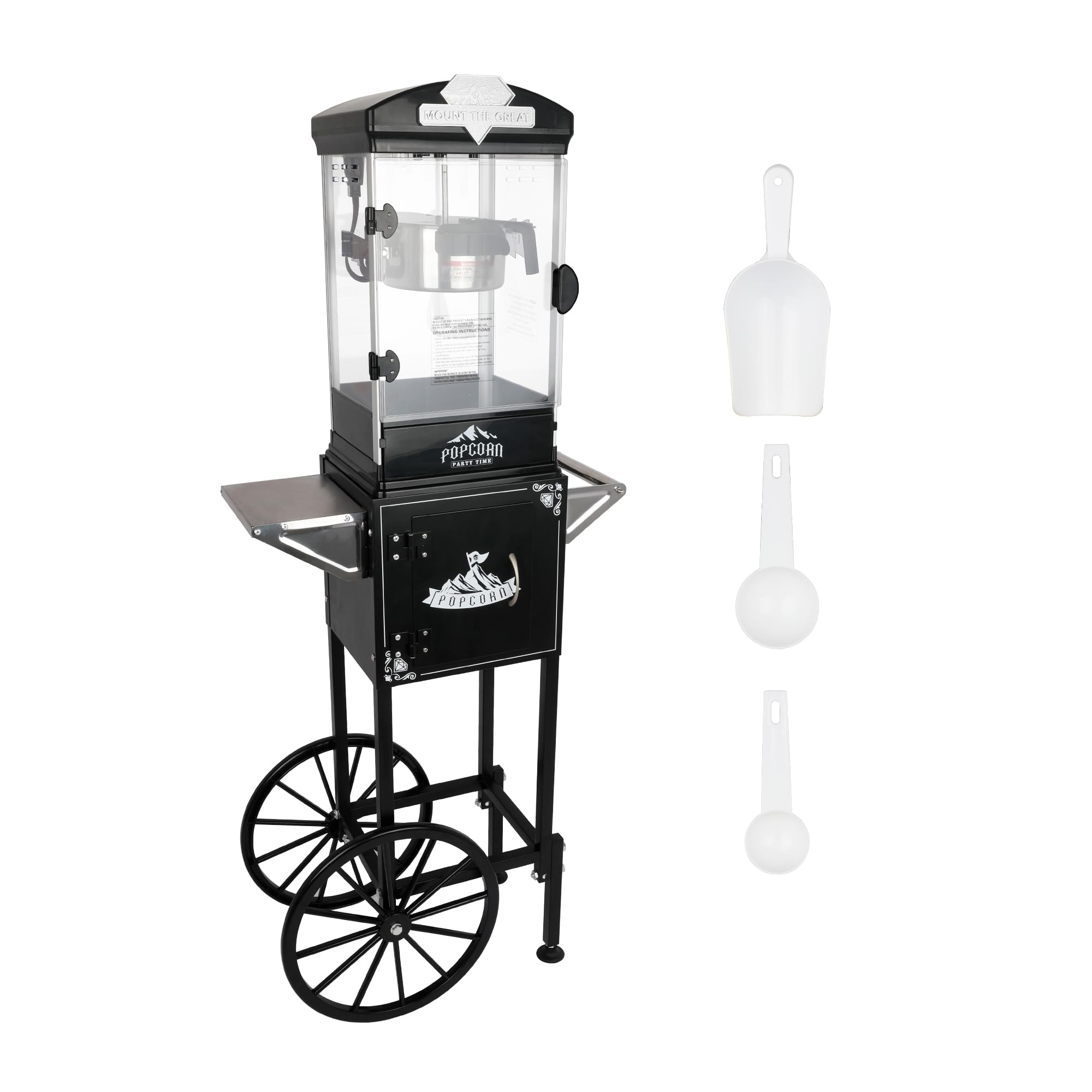 Portable Popcorn Machine with Cart &amp; Wheels, 10 Oz Commercial Popcorn Maker with Kettle, Includes 3 Measuring Spoons for Home Theater, Parties, Events