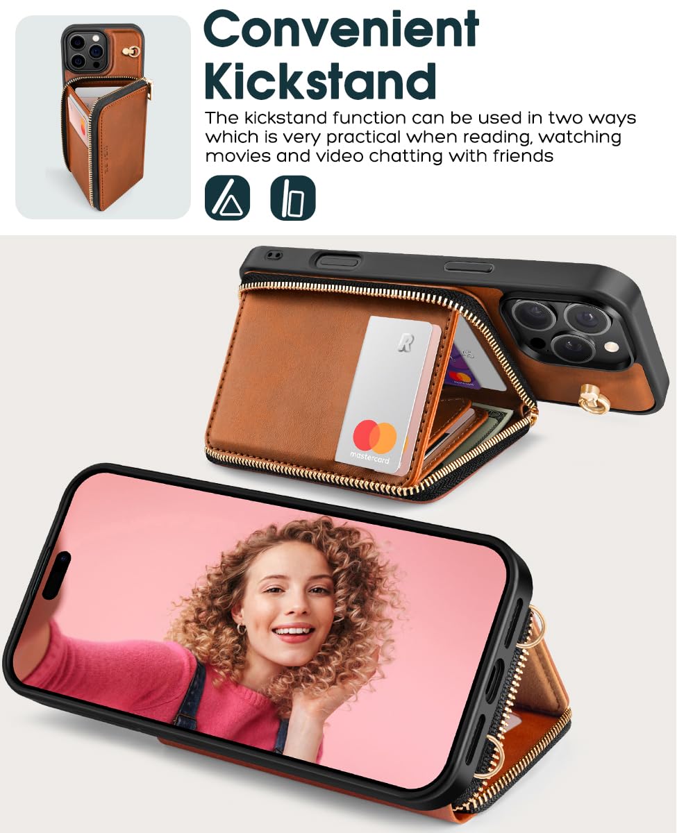 OCASE For IPhone 16 Pro Case, PU Leather Crossbody Zipper Wallet Case With Wrist Strap Lanyard, Kickstand, RFID Blocking Card Slots, Shockproof Phone Cover For 6.3 Inch IPhone 16 Pro, Red