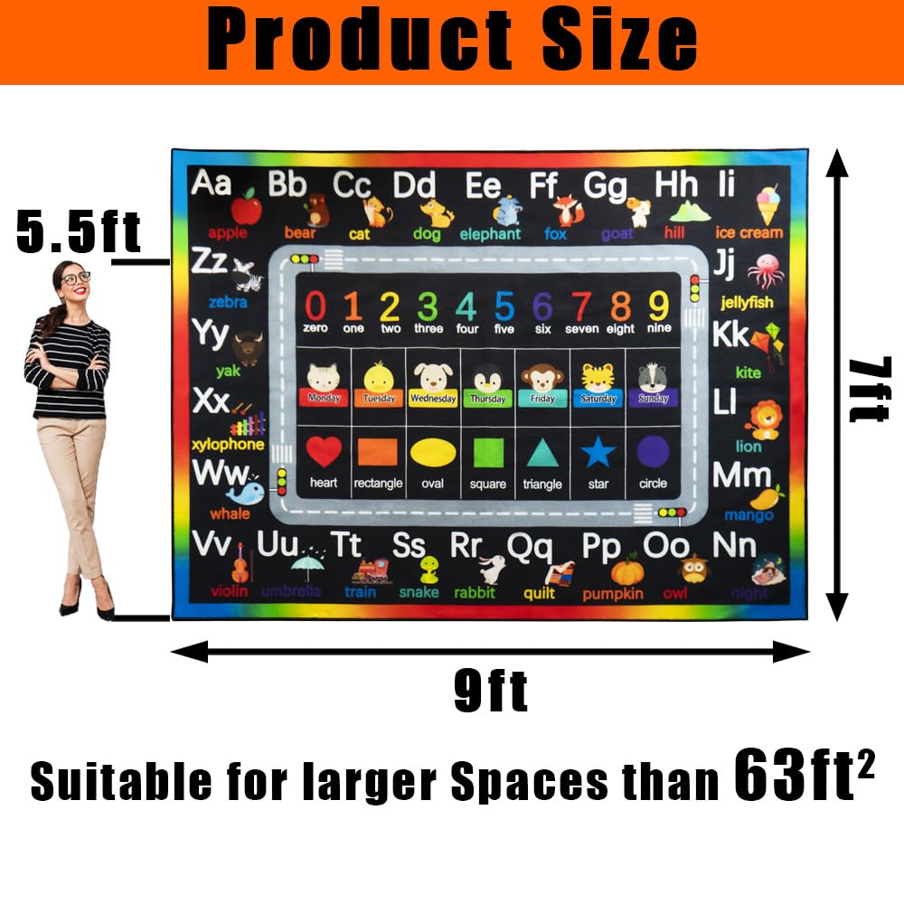 AlaTyche Classroom Rugs for Preschool, Daycare Rug for Classroom,Large Classroom Rug Elementary,Learning Alphabet Educational Rugs for Kids Playroom, Nursery(6'7''x8'7'', Black)