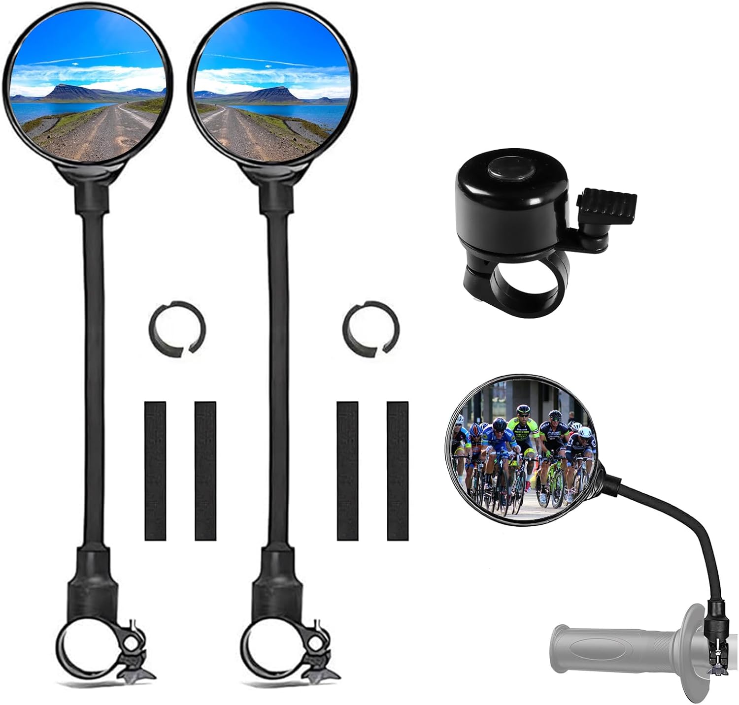 Bike Mirror With Bike Bell 360° Adjustable HD Convex Handlebar Mirror Anti-Scratch Glass Riding Mirror (2* Mirror + 1* Bell)
