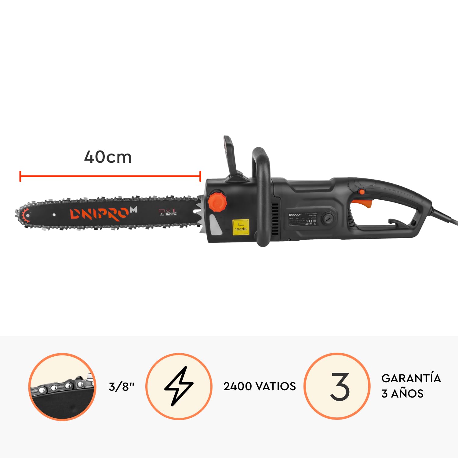 Motosierra Eléctrica 2400W Espada 40cm, para Poda, Corte de Troncos y Leña, Tensor de Cadena Sin Herramientas, Lubricación Automática, Arranque Suave, Freno de Cadena. DSE-24DS