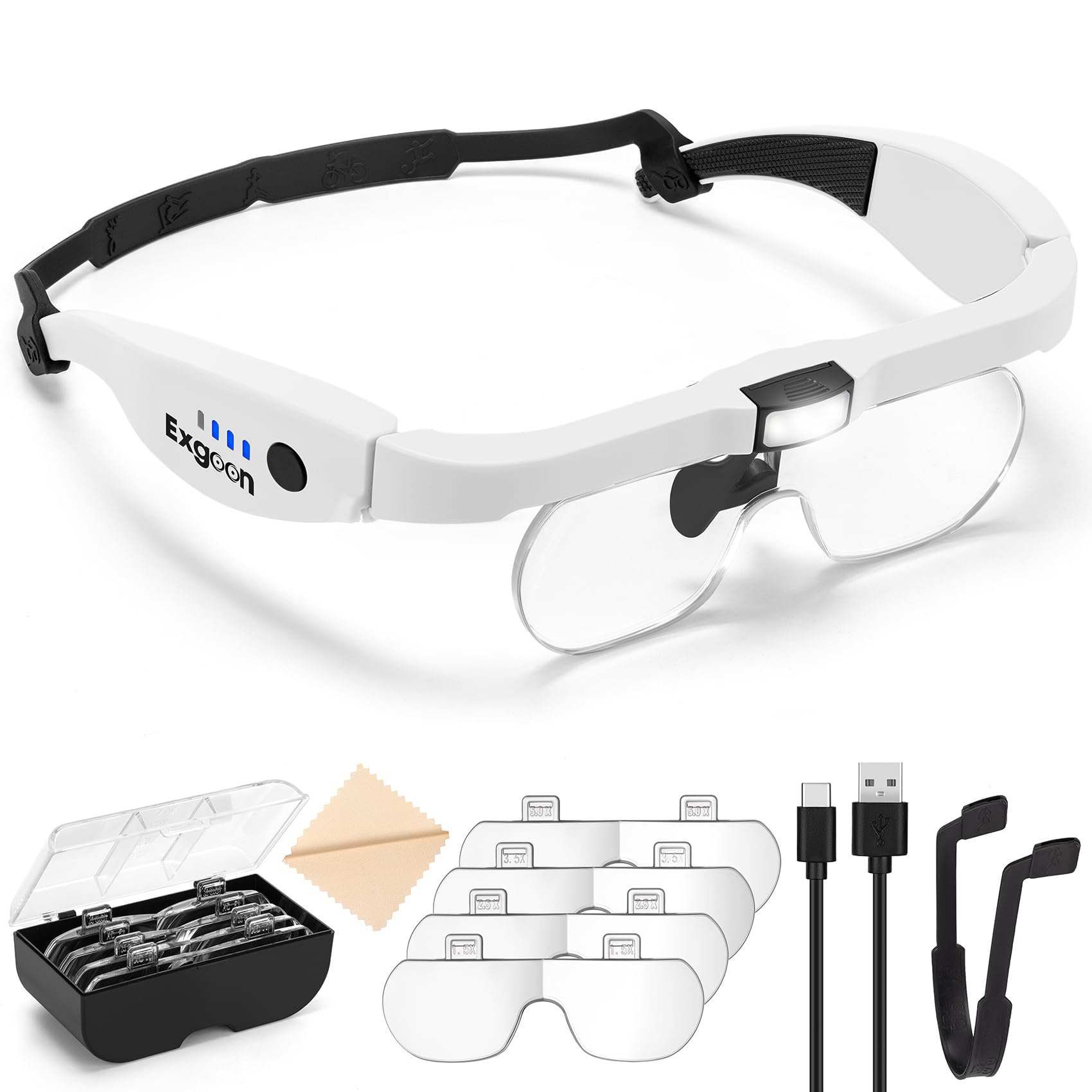 Exgoon Lupe mit Licht, 1.5X-5X Lupenbrille mit 3 LEDs & 4 Gläsern für Brillenträger, freihändige wiederaufladbare Kopfbandlupe für Diamond Painting Juweliere Basteln Hobbys (weiß)