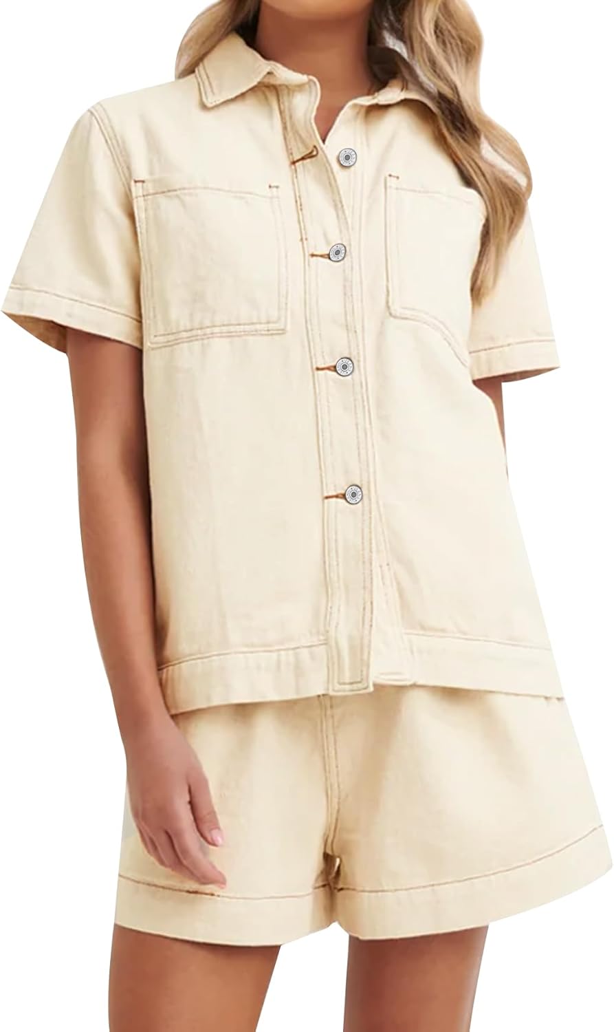 Kedera Summer Denim Set for Women 2 piece Casual Short Sleeve Boxy Shirt Tops and Shorts Pants Lounge Sets Outfits