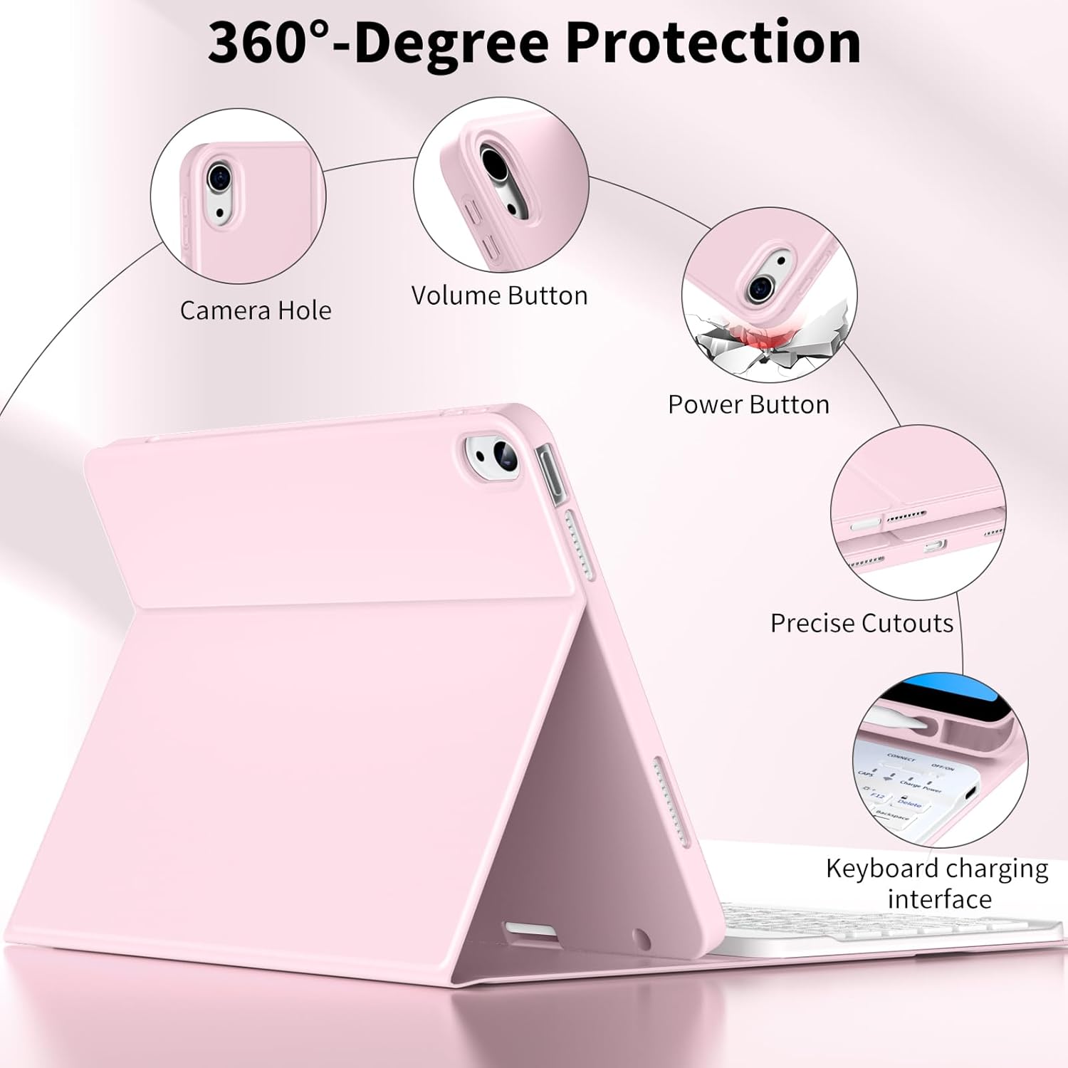 Keyboard Case for iPad (A16) 11th Gen 11 Inch 2025, iPad 10th Generation 10.9 Inch 2022, Detachable Wireless Bluetooth Keyboard with Built-in Left Side Pencil Holder (Pink)