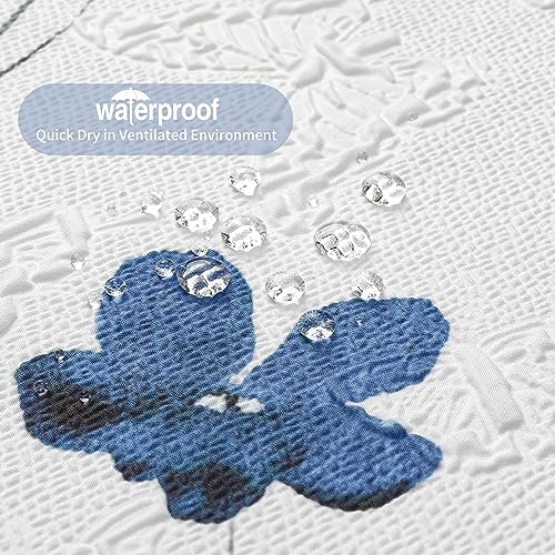 Image of QIYI Small Stall Half Watercolor Floral Shower Curtain, 3D Embossed Butterflies Blue Flower Cloth Bathroom Curtain, Waterproof Fabric White Shower Curtain Set with Hooks