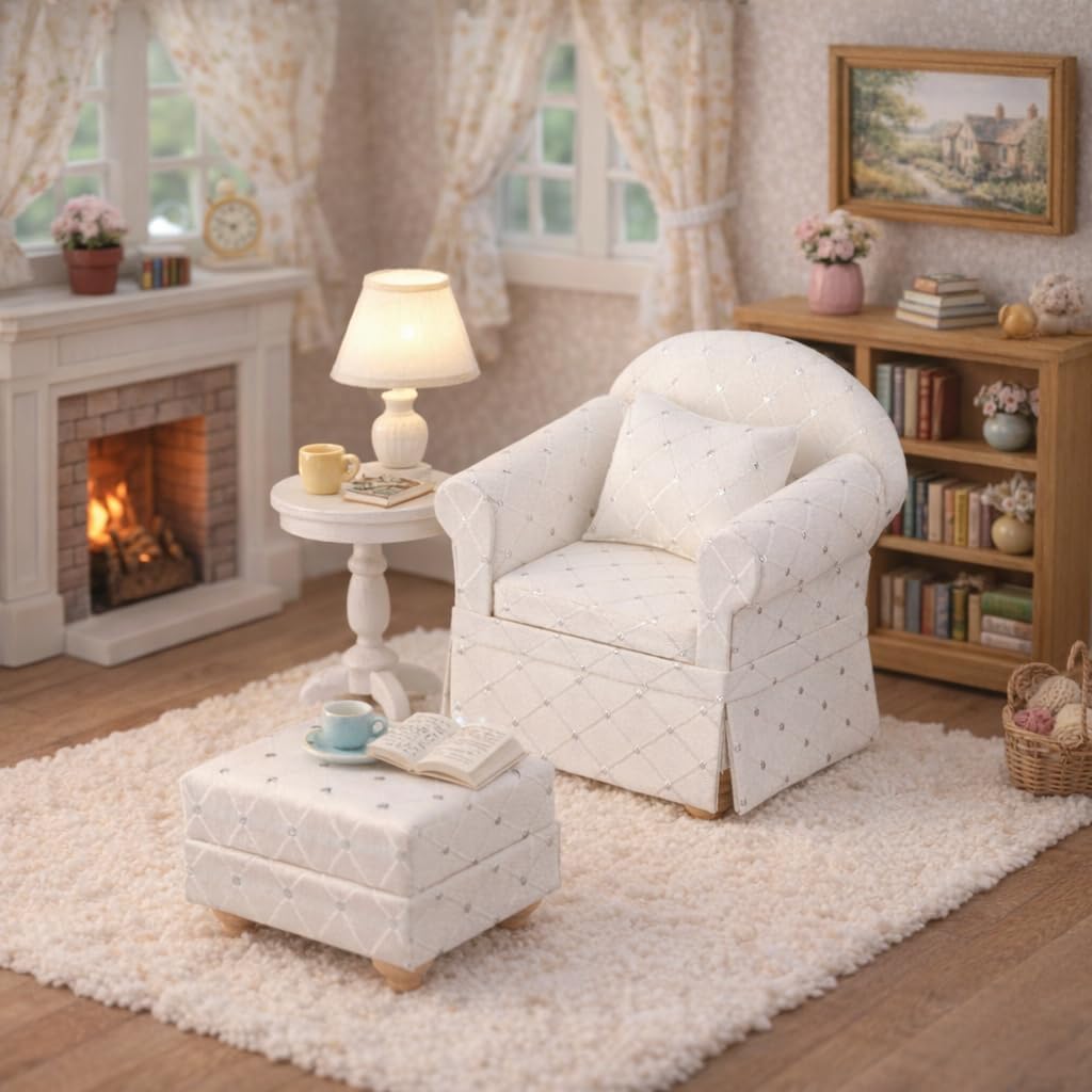 Inusitus White Dollhouse Armchair with Ottoman, Mini Living Room Sofa Chair, Furniture Accessory for 6 Inch Dolls, 1:12 Scale, Handmade Upholstered with Throw Pillow