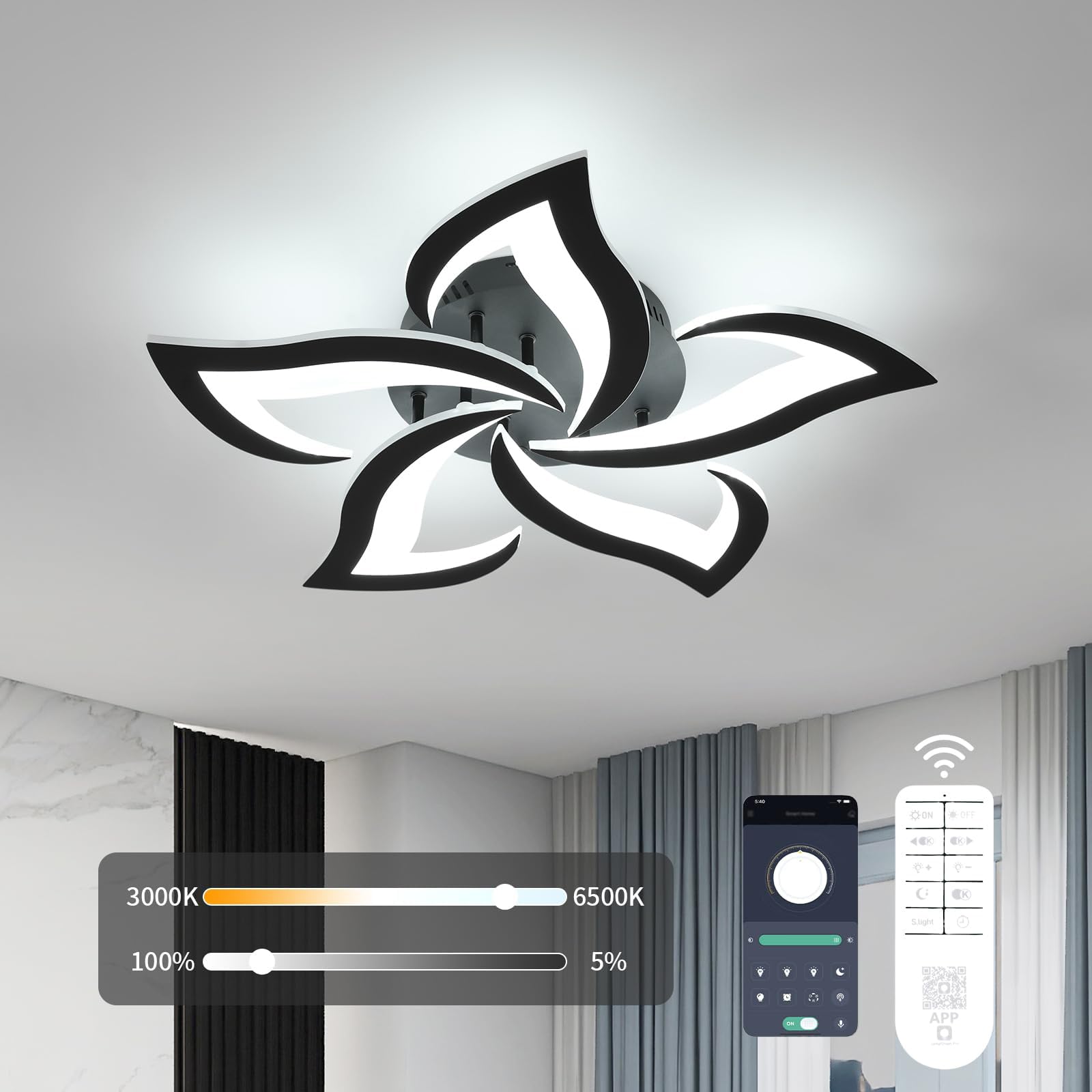 Goeco Modern Flower Flush Mount Ceiling Light with Remote Control, 3000K-6500K LED Dimmable 5-Petals Black Ceiling Light for Living Room, Kitchen, Dining Room, Bedroom