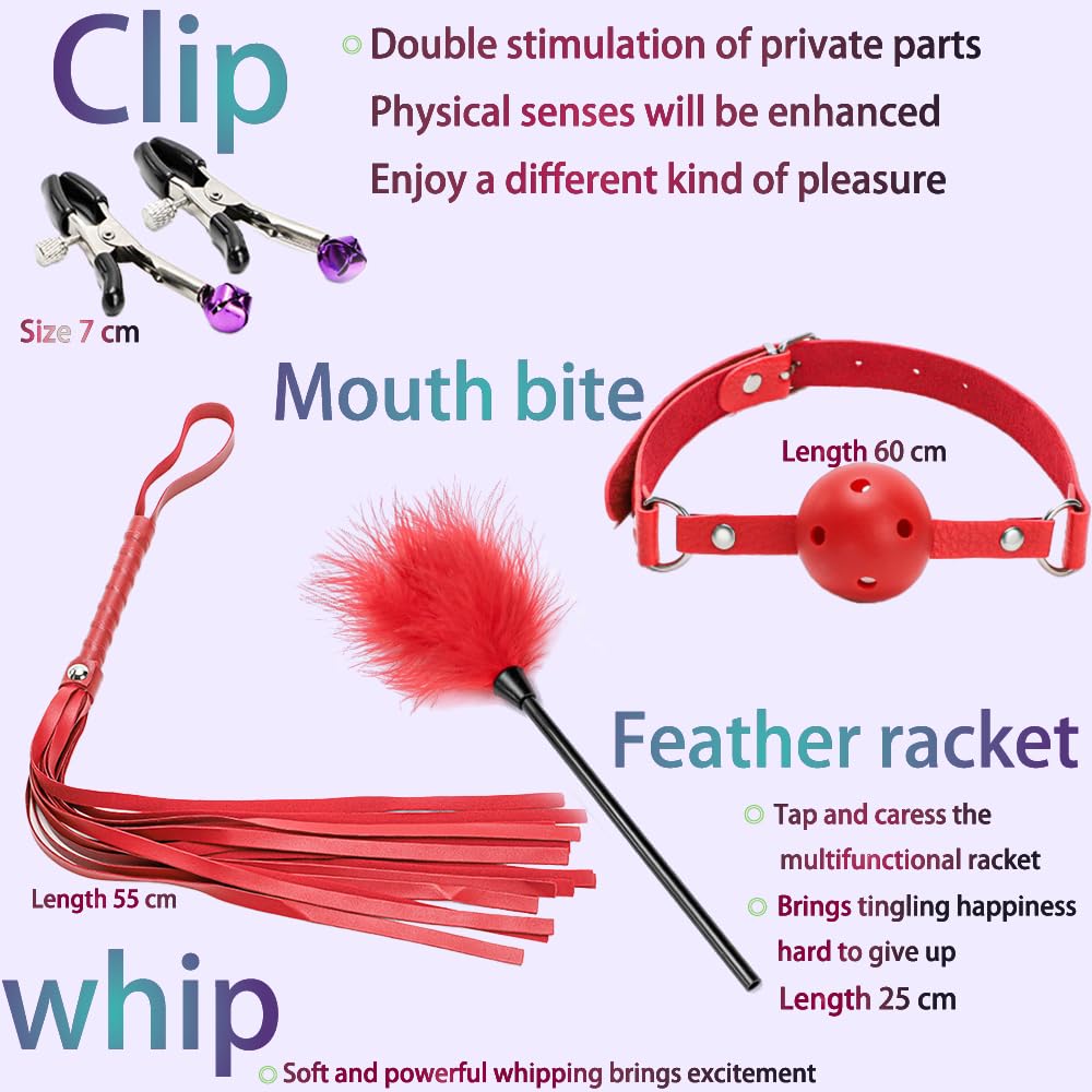Set da gioco di ruolo per coppie, accessori regolabili, set da dieci pezzi in pelle - per la camera da letto, per aggiungere divertimento a uomini e donne - rosso e nero