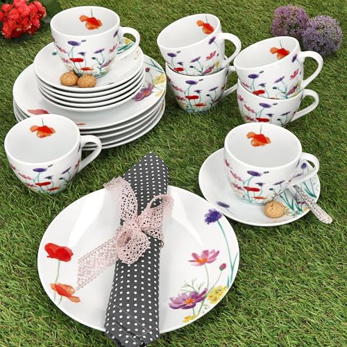MamboCat Marie 18tlg Kaffeeservice I Porzellan-Geschirr mit Blumenwiese-Dekor für 6 Personen I Je 6x Tassen 190ml, Untertassen & Teller für Frühstück & Kaffee