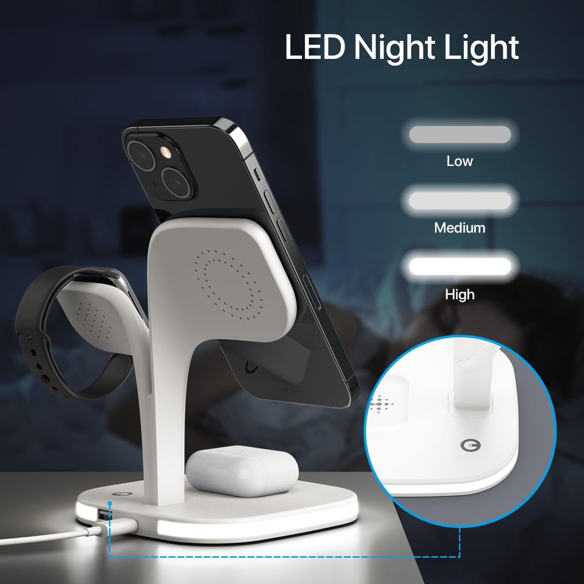 EXW Mag-Safe Chargeur Induction, Magnétique 3 en 1 Station de Charge pour Apple avec Lampe, Chargeur sans Fil Rapide pour iPhone 17 16 15 14 13 12 Pro Max/Plus/Air, Apple Watch, pour AirPods-Blanc