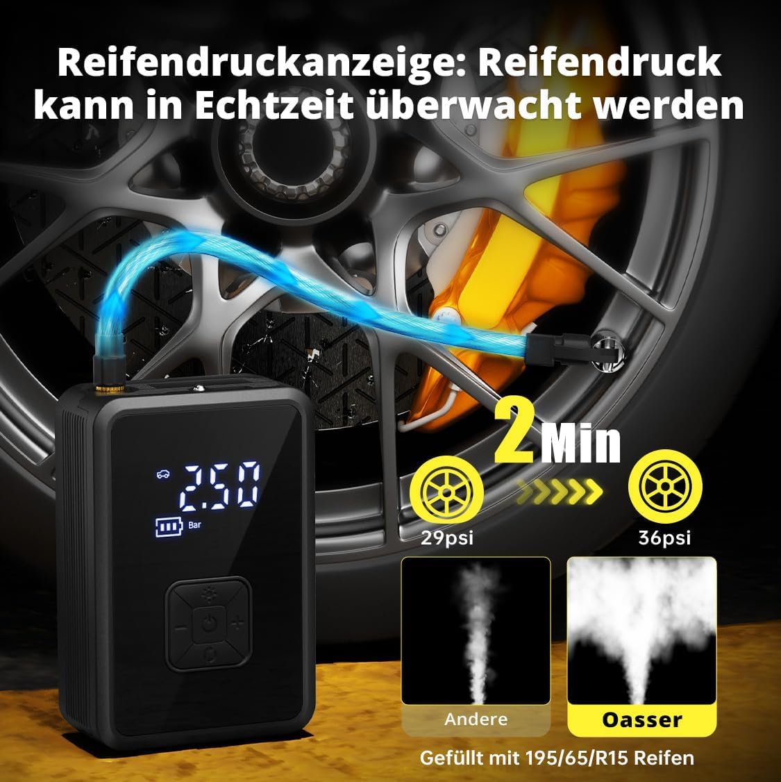 Oasser Elektrische Luftpumpe 150PSI Fahrradpumpe Akku Luftpumpe Tragbarer mit LED Licht für Auto Motorrad Fahrrad Ball Reise Camping